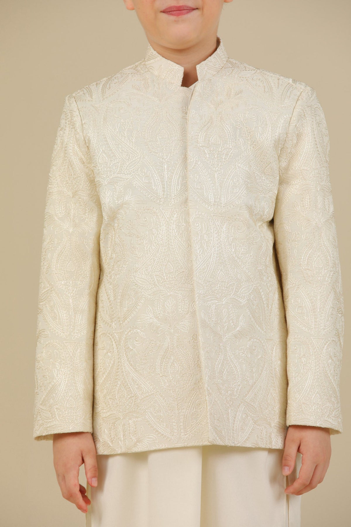 Bosky White Kurta Trouser with Cross Stitched Embroidered Prince Coat - 3PC - Kids