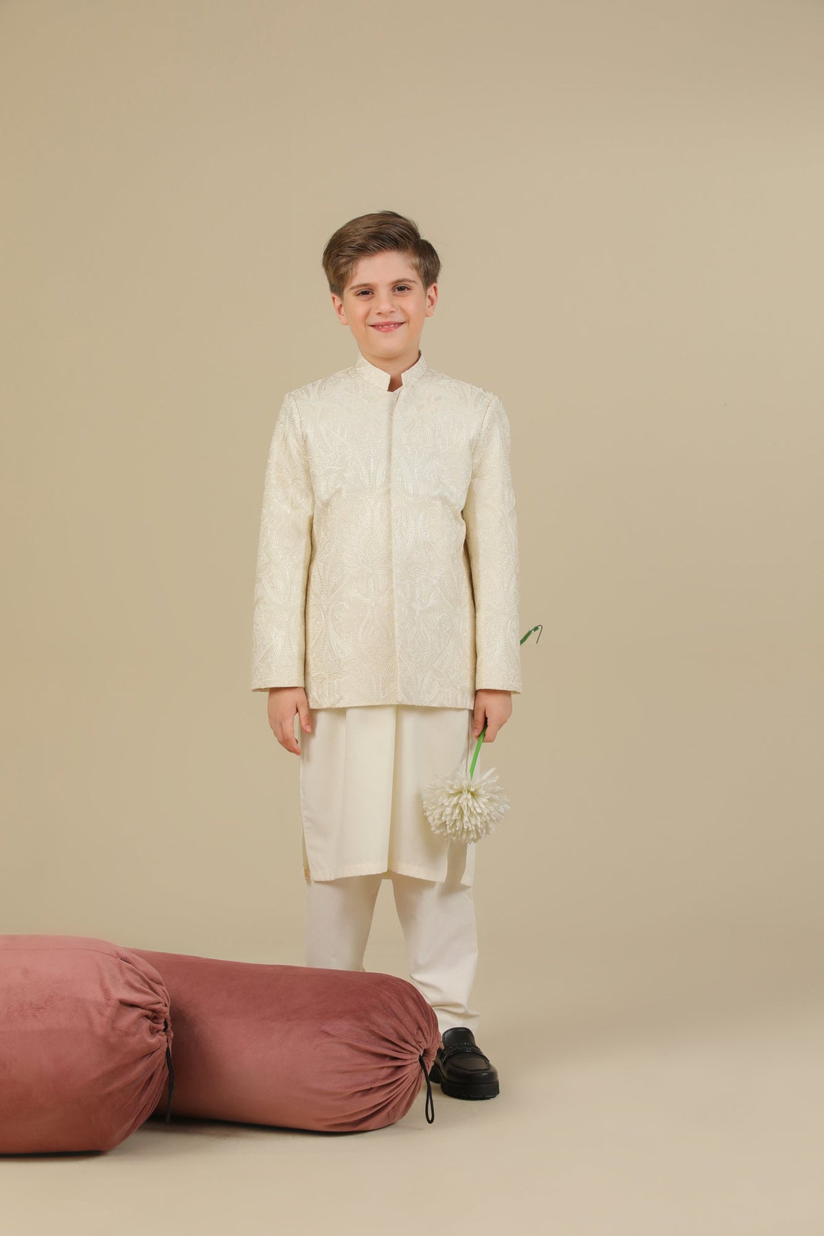 Bosky White Kurta Trouser with Cross Stitched Embroidered Prince Coat - 3PC - Kids