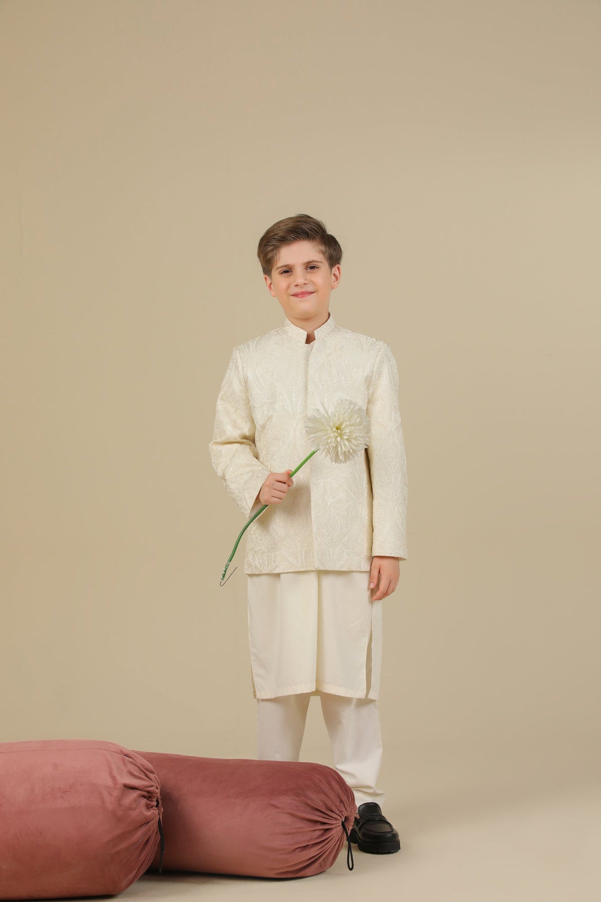 Bosky White Kurta Trouser with Cross Stitched Embroidered Prince Coat - 3PC - Kids