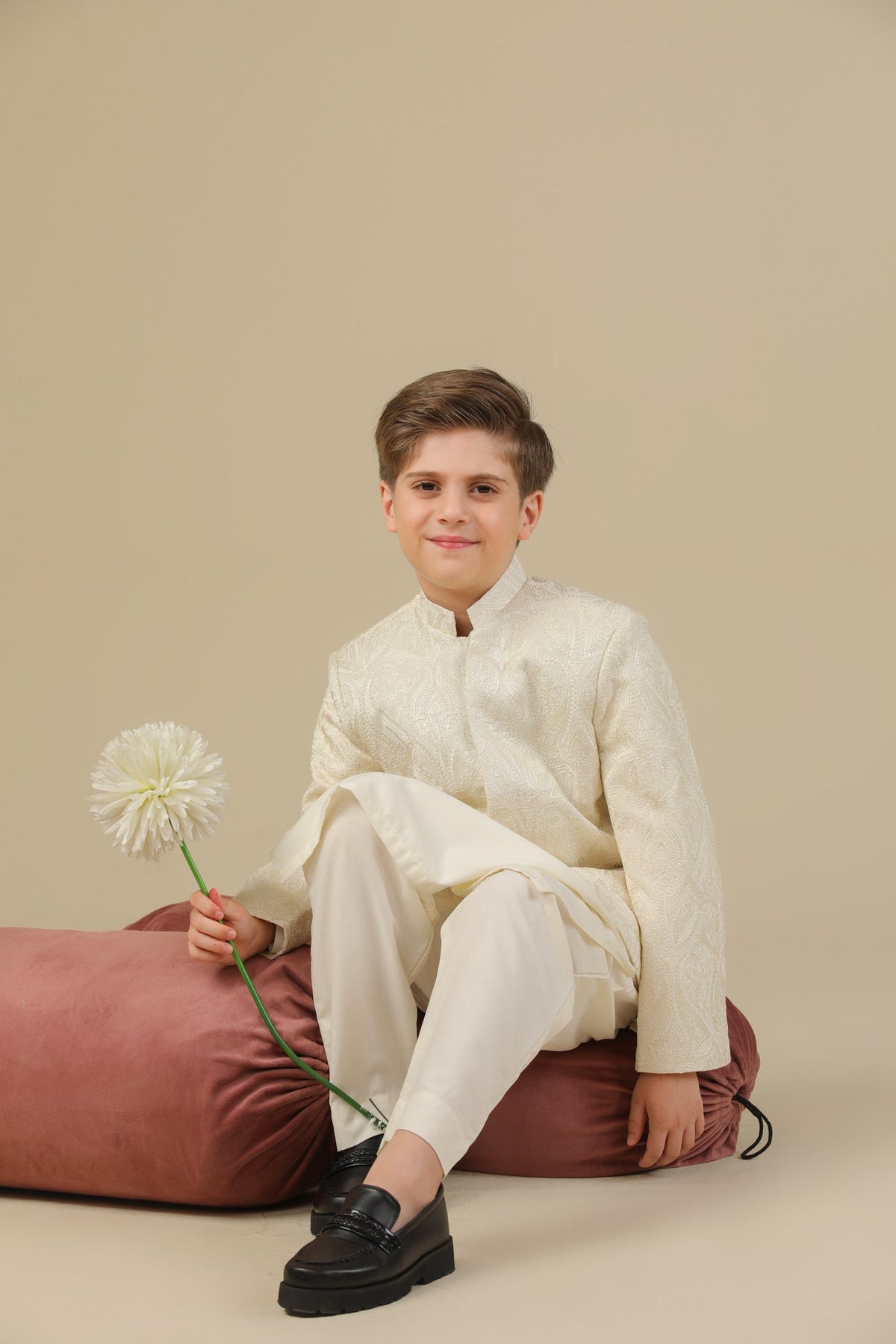 Bosky White Kurta Trouser with Cross Stitched Embroidered Prince Coat - 3PC - Kids