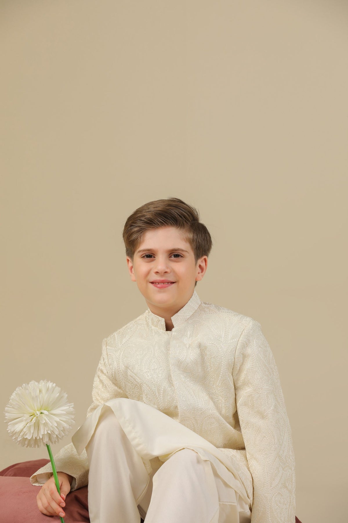 Bosky White Kurta Trouser with Cross Stitched Embroidered Prince Coat - 3PC - Kids