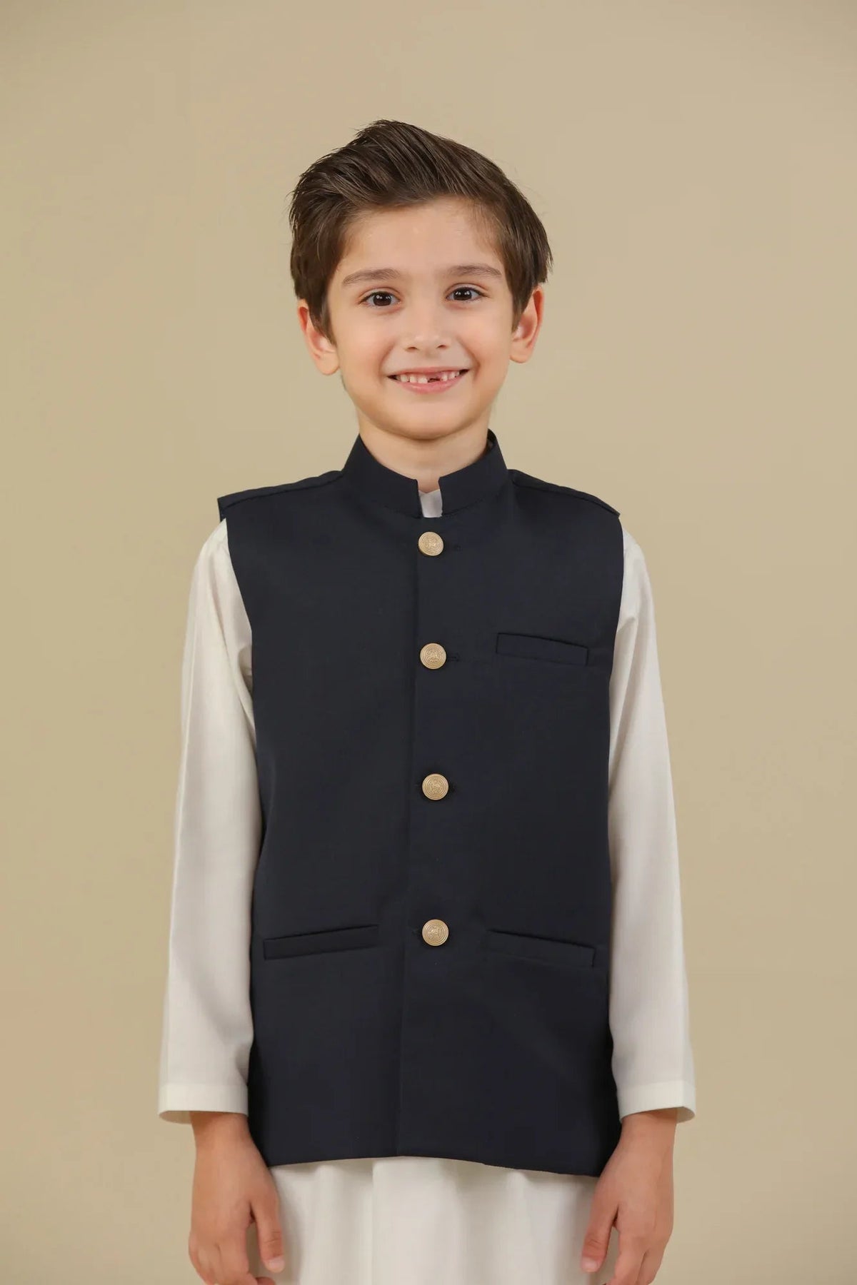 Off White Kurta Trouser with Blue Suiting Waistcoat - Straight Cut - Kids