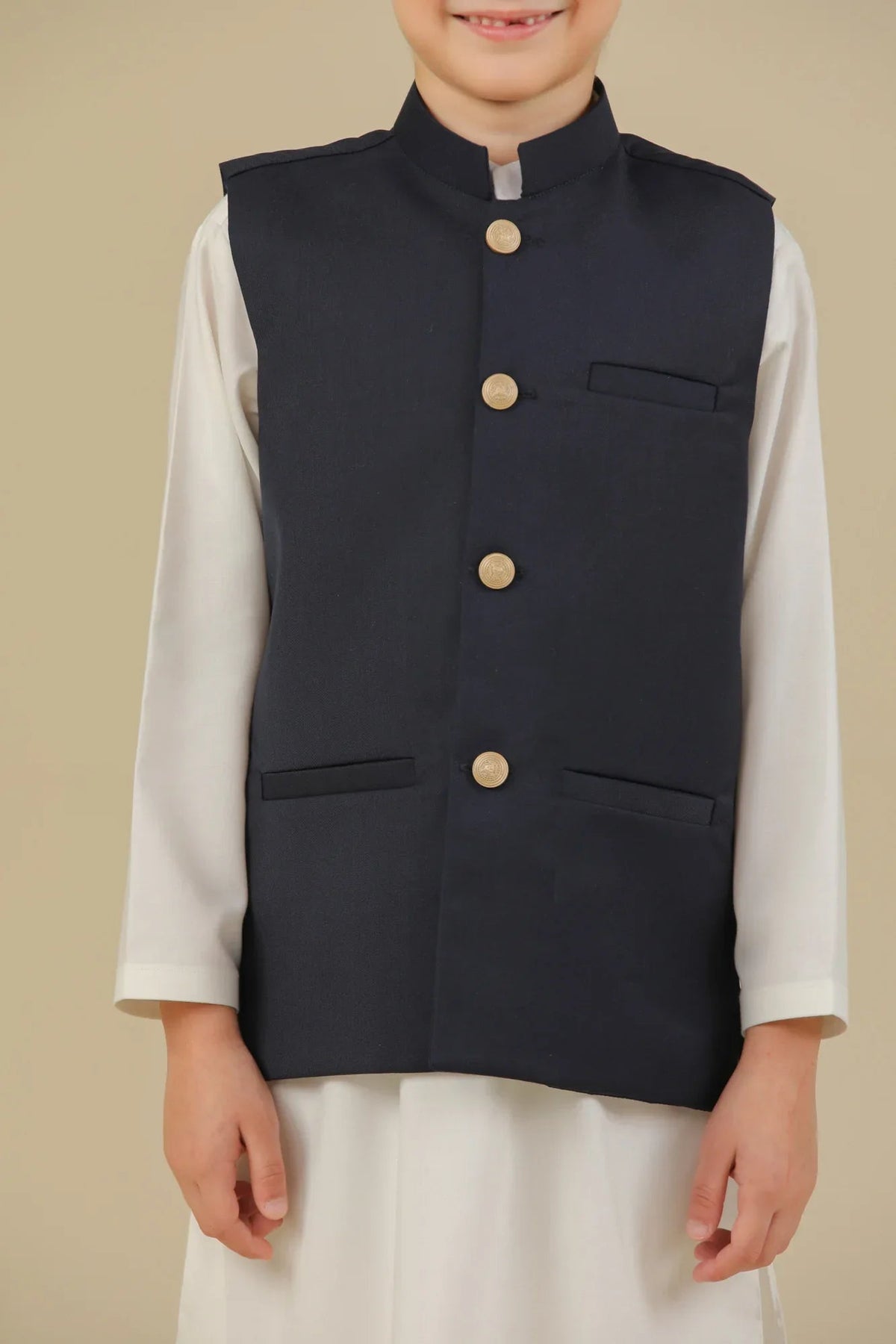 Off White Kurta Trouser with Blue Suiting Waistcoat - Straight Cut - Kids