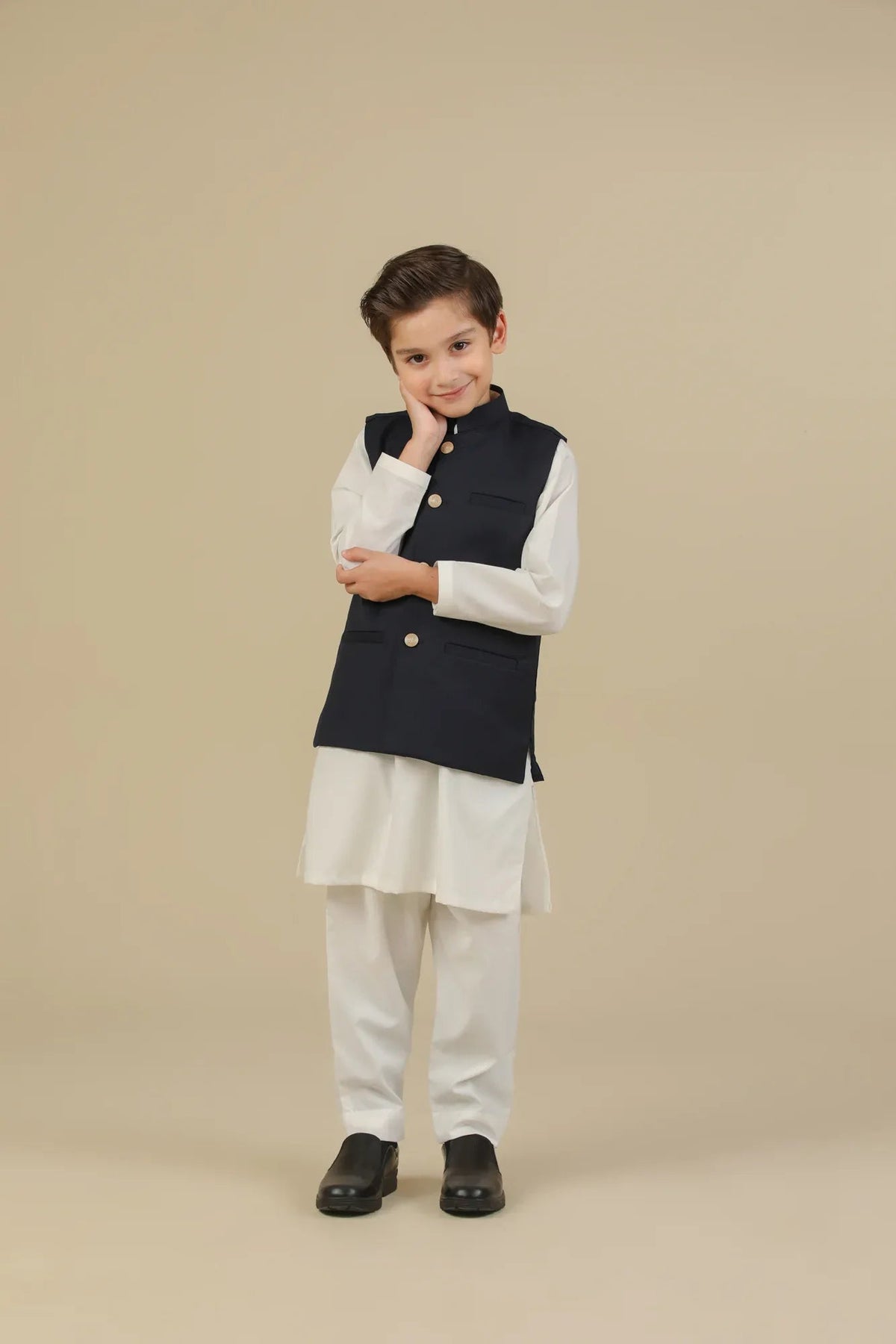 Off White Kurta Trouser with Blue Suiting Waistcoat - Straight Cut - Kids