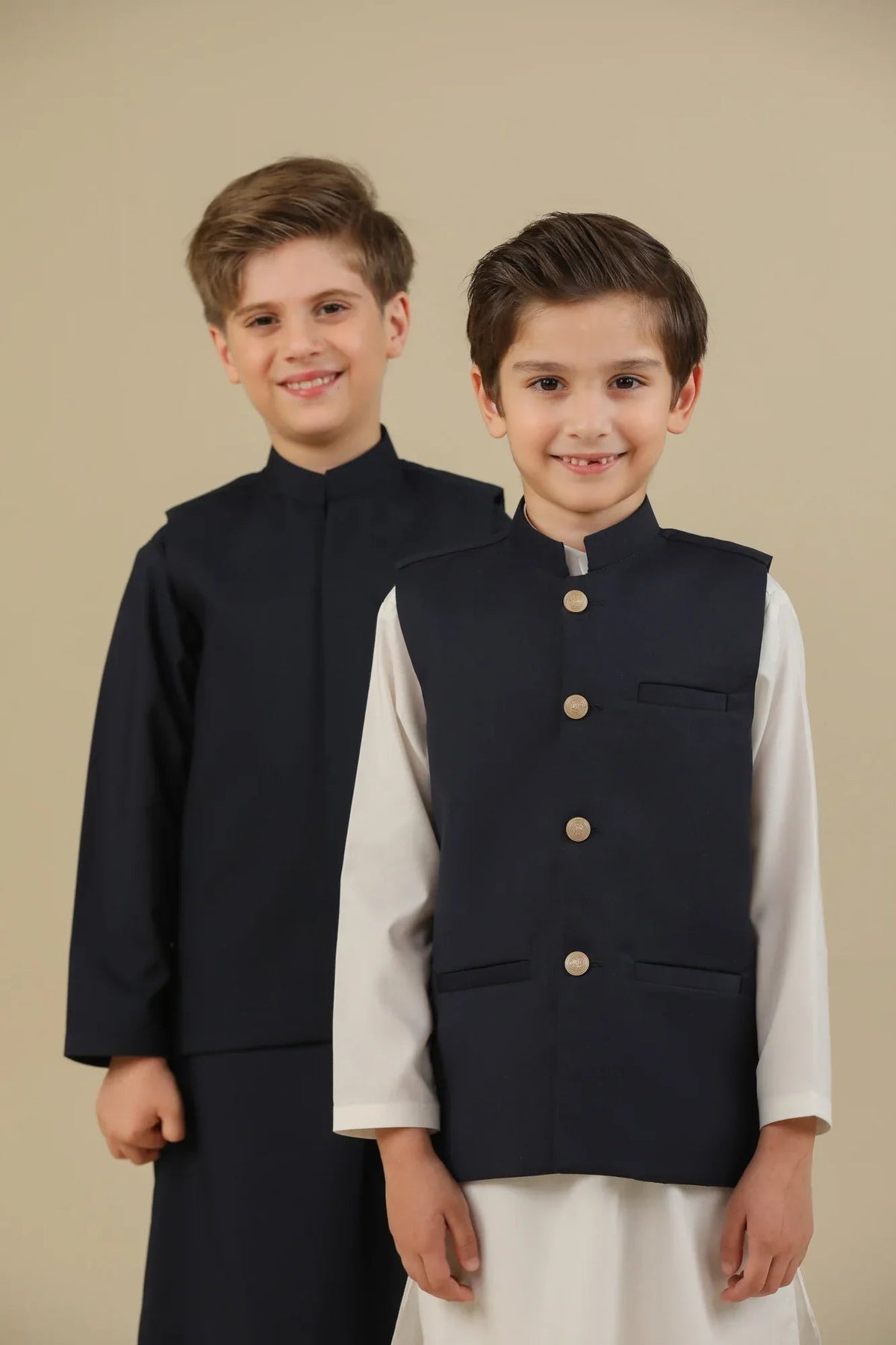 Off White Kurta Trouser with Blue Suiting Waistcoat - Straight Cut - Kids