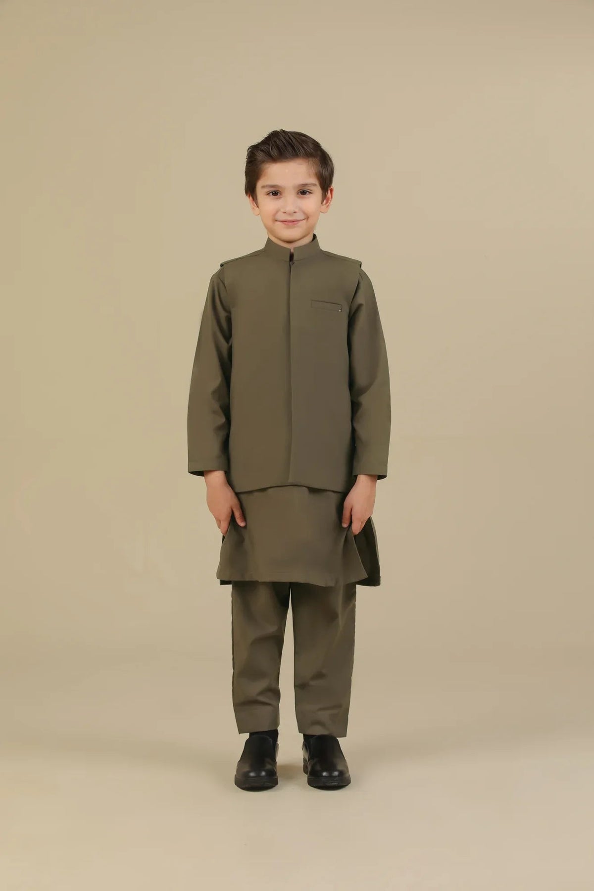Olive Green Kurta Trouser with Blended Waistcoat - Kids