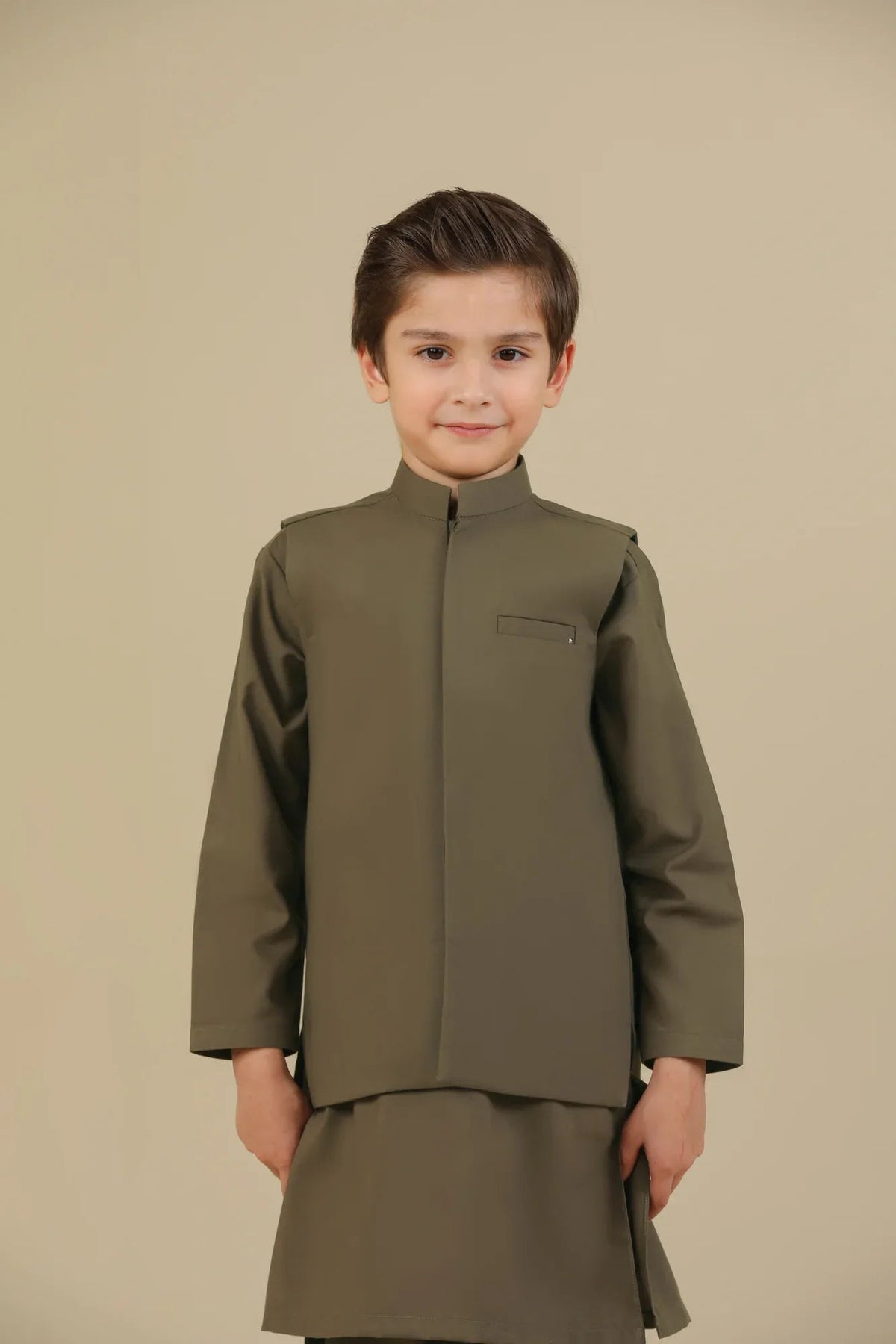 Olive Green Kurta Trouser with Blended Waistcoat - Kids