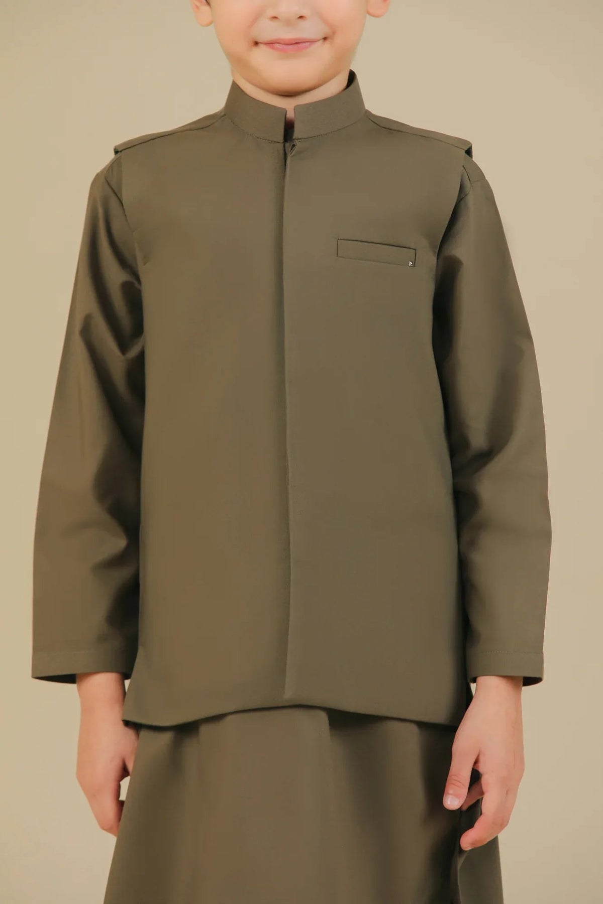 Olive Green Kurta Trouser with Blended Waistcoat - Kids