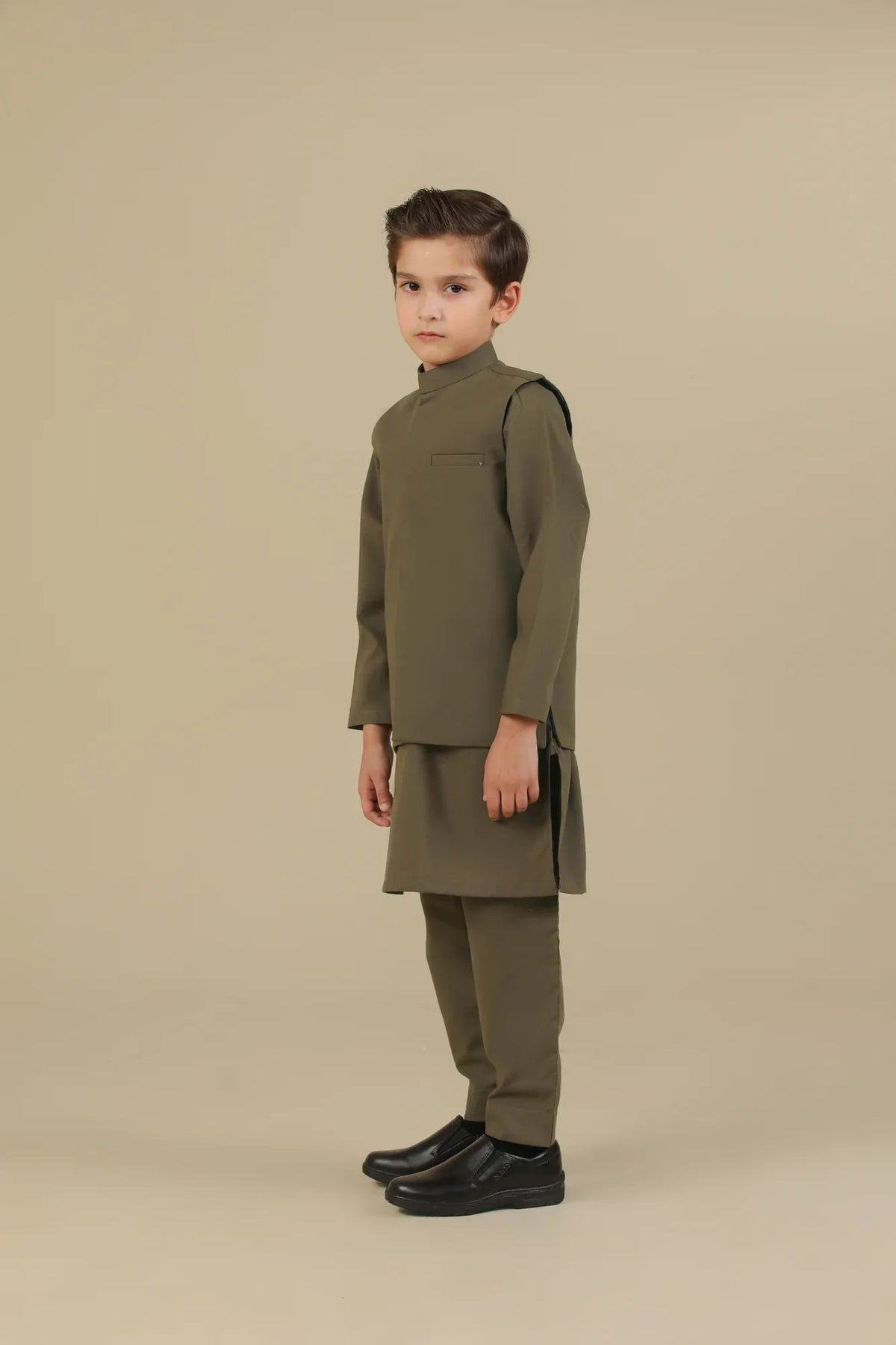 Olive Green Kurta Trouser with Blended Waistcoat - Kids