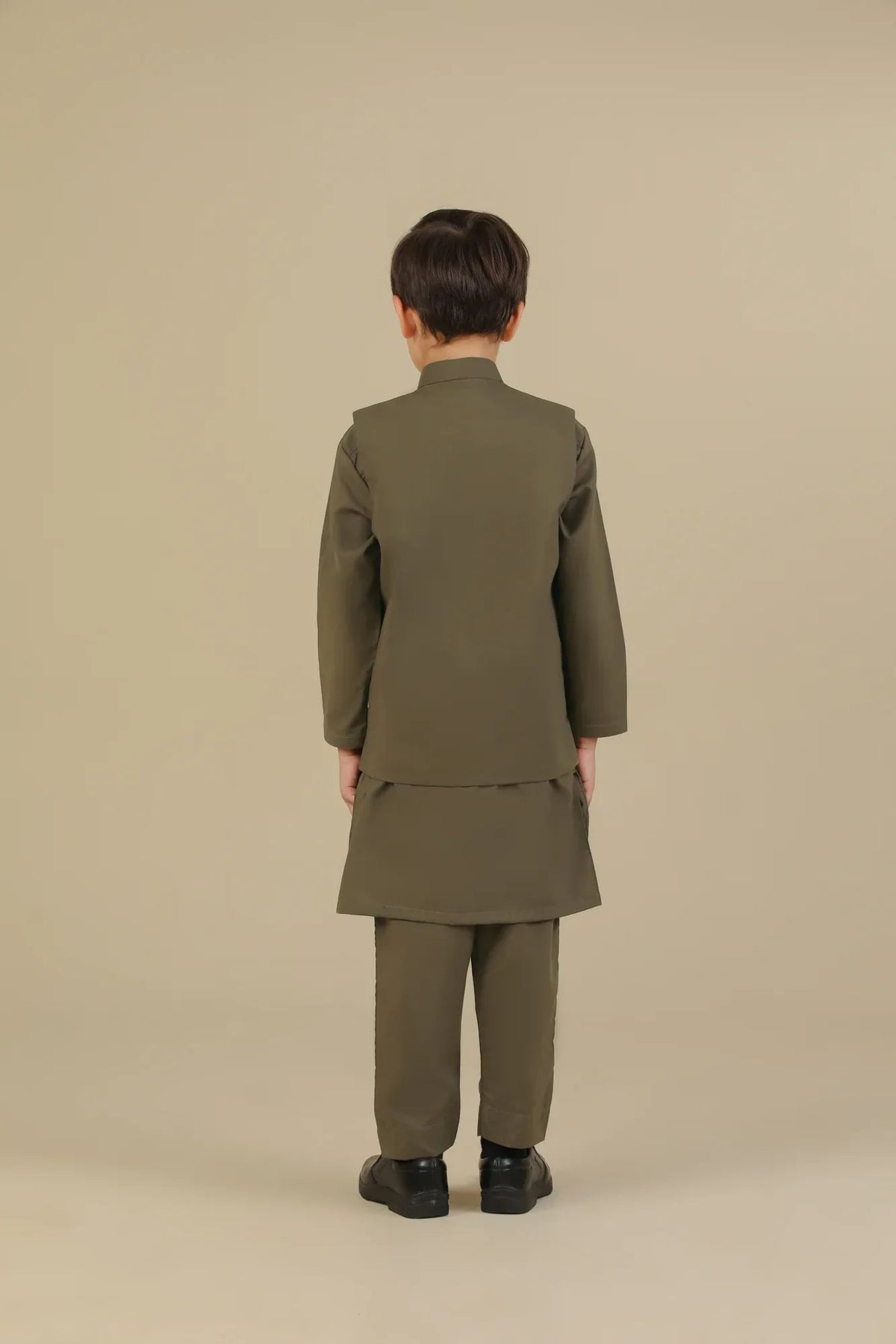 Olive Green Kurta Trouser with Blended Waistcoat - Kids