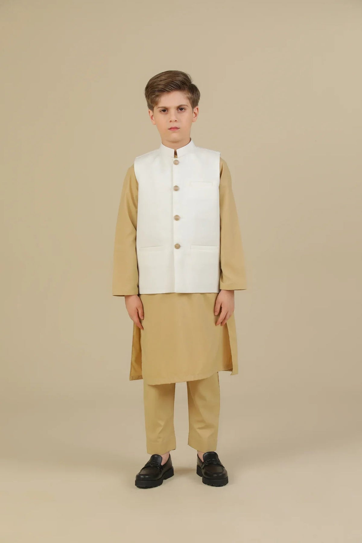 Ivory Kurta Trouser with Off White Suiting Waistcoat - Straight Cut - Kids