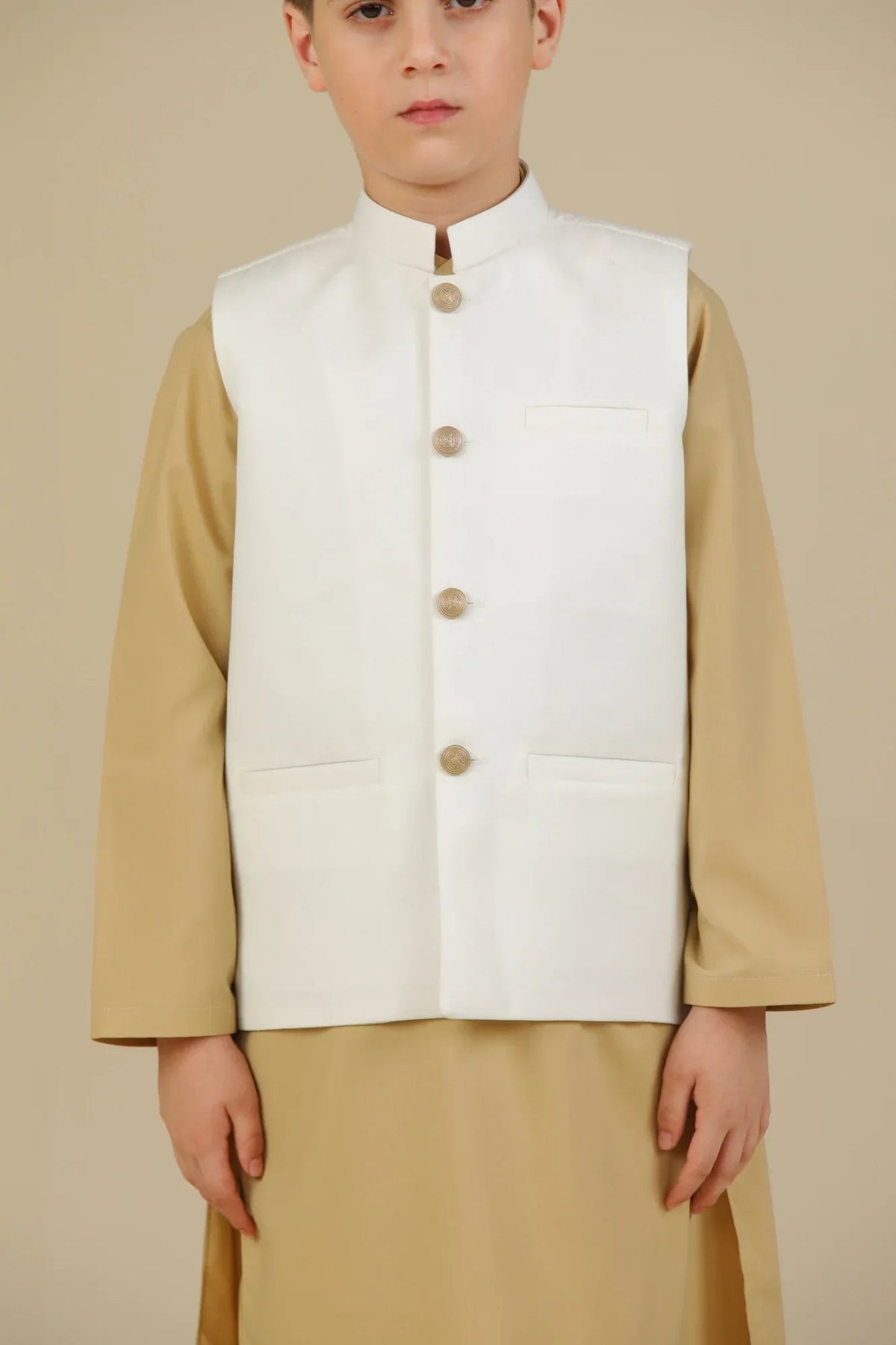 Ivory Kurta Trouser with Off White Suiting Waistcoat - Straight Cut - Kids