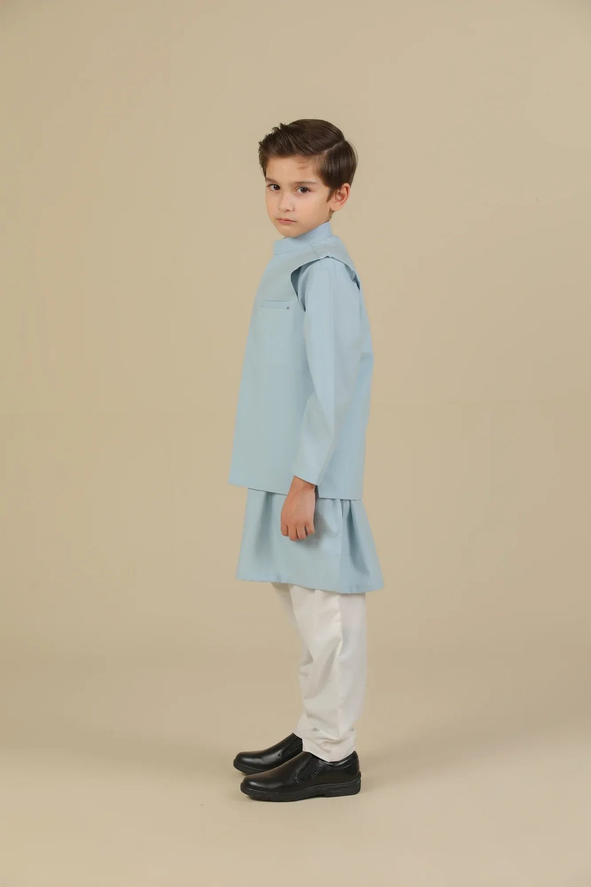 Sky Blue Kurta Trouser with Blended Waistcoat - Kids