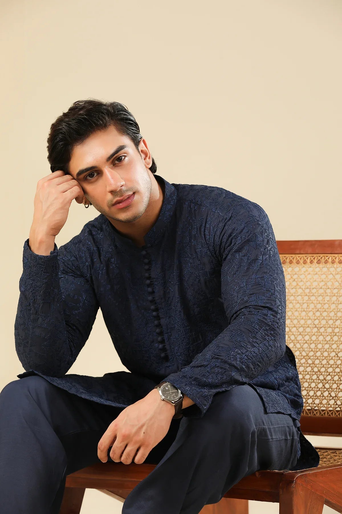 Feroz - Dark Blue Raw Silk Embroidered Kurta Trouser - Men