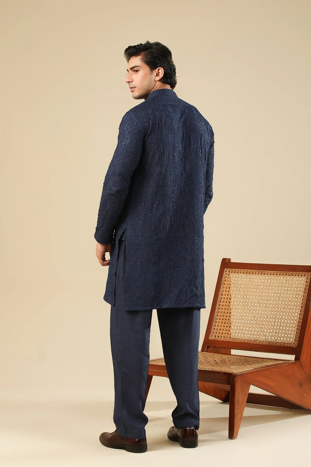 Feroz - Dark Blue Raw Silk Embroidered Kurta Trouser - Men
