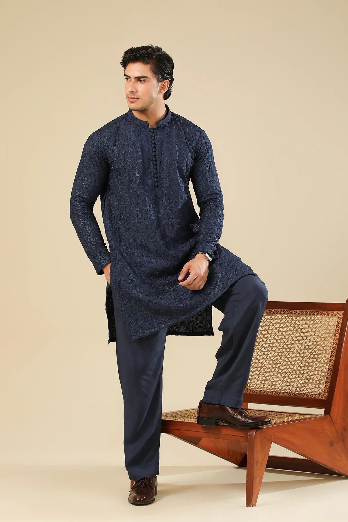 Feroz - Dark Blue Raw Silk Embroidered Kurta Trouser - Men