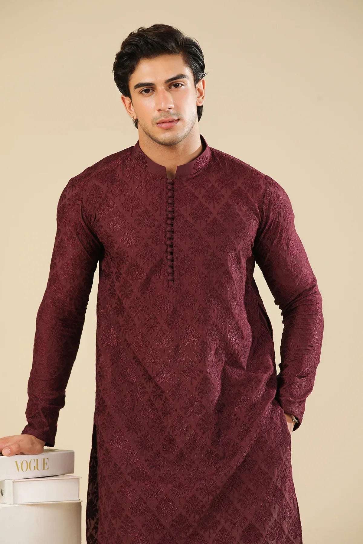Miras - Maroon Raw Silk Embroidered Kurta Trouser - Men