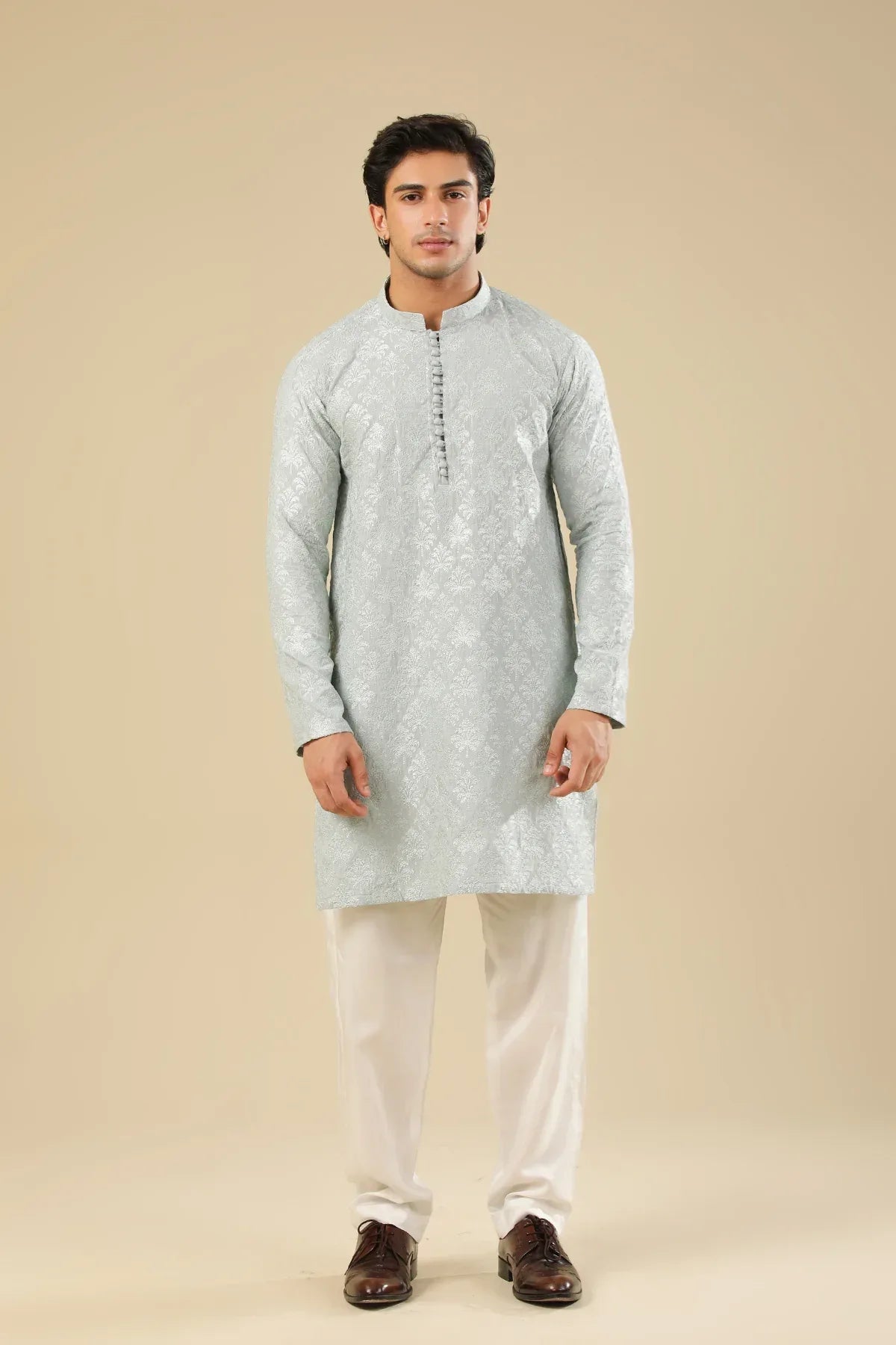 Abroo - Ice Blue Raw Silk Embroidered Kurta Trouser - Men
