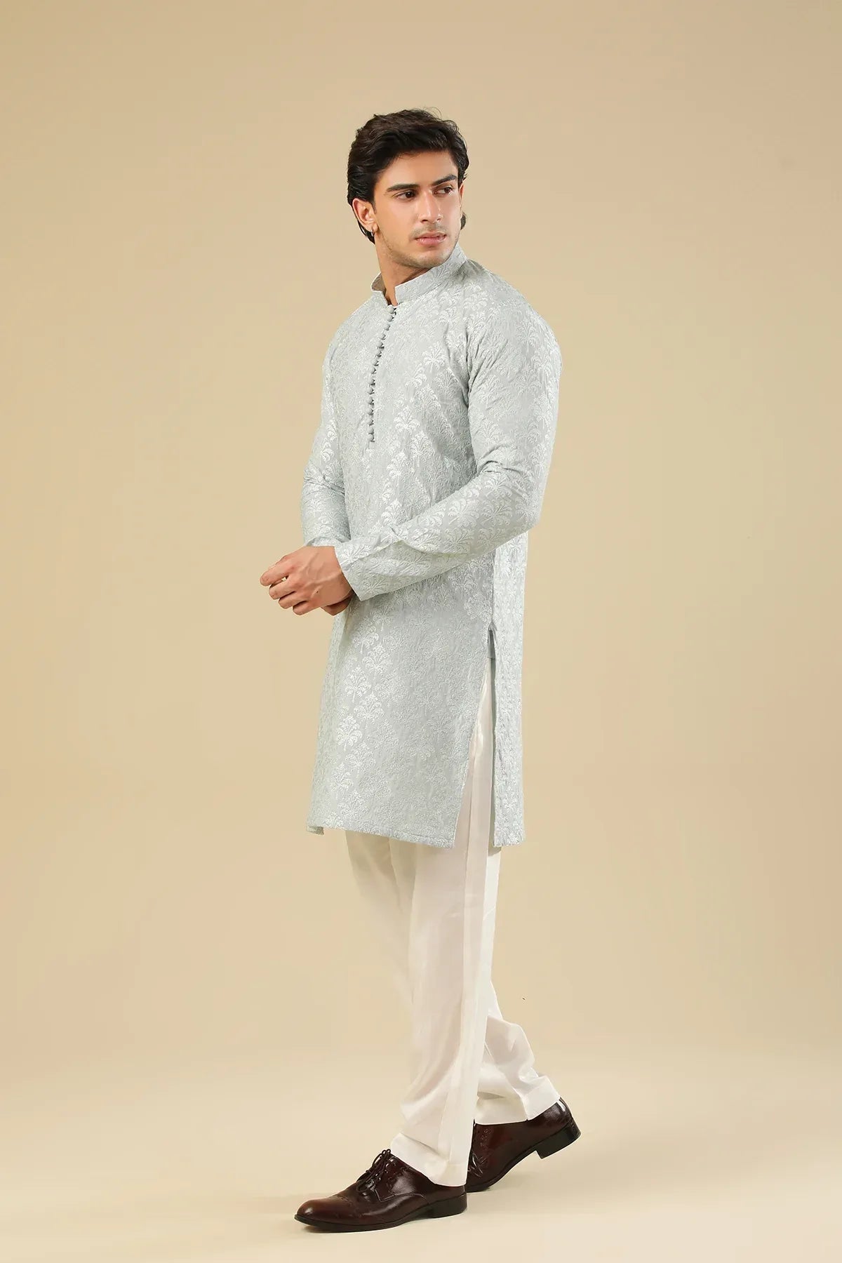 Abroo - Ice Blue Raw Silk Embroidered Kurta Trouser - Men