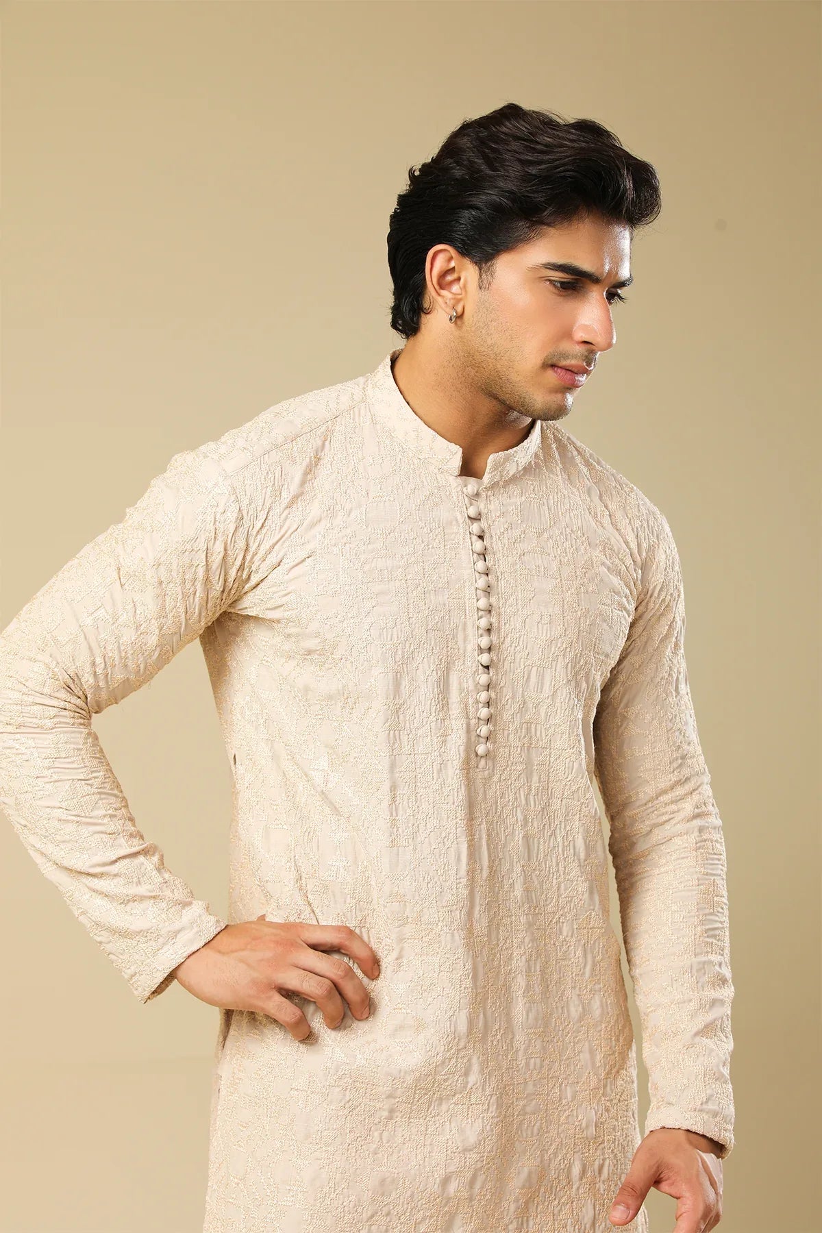 Tabir - Beige Raw Silk Embroidered Kurta Trouser - Men