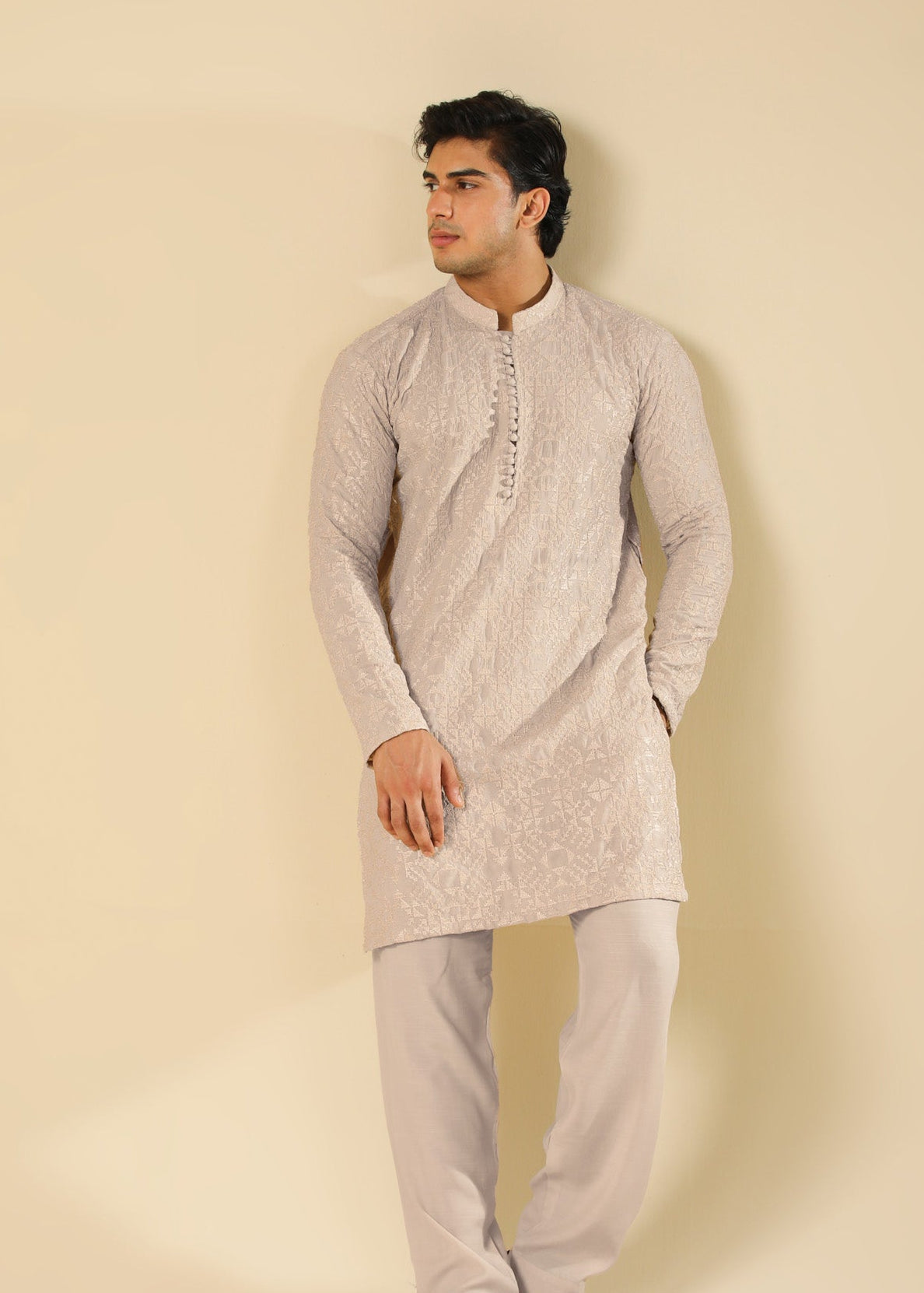 Tabir - Beige Raw Silk Embroidered Kurta Trouser - Men