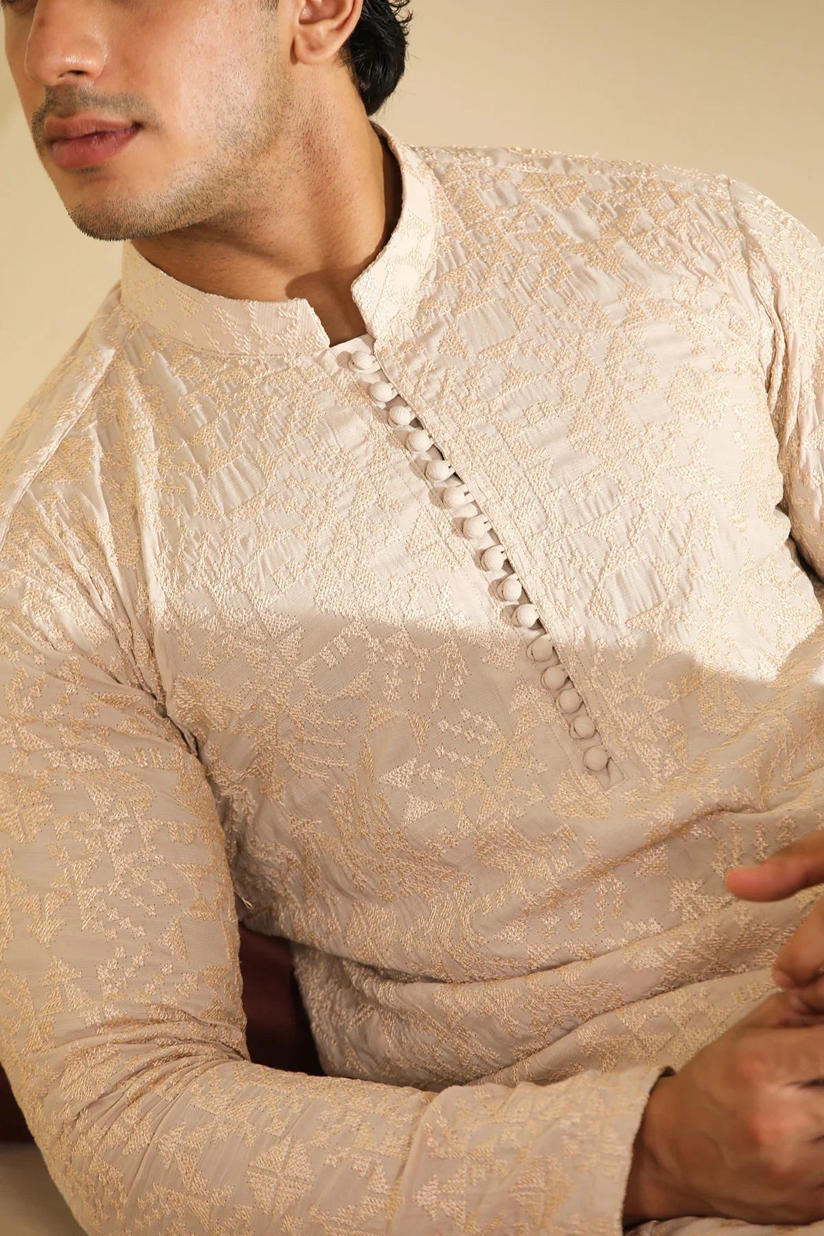 Tabir - Beige Raw Silk Embroidered Kurta Trouser - Men