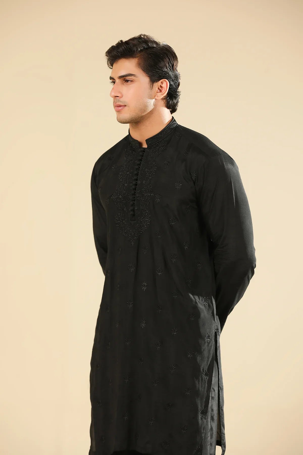 Adab - Black Motif Raw Silk Embroidered Kurta Trouser - Men