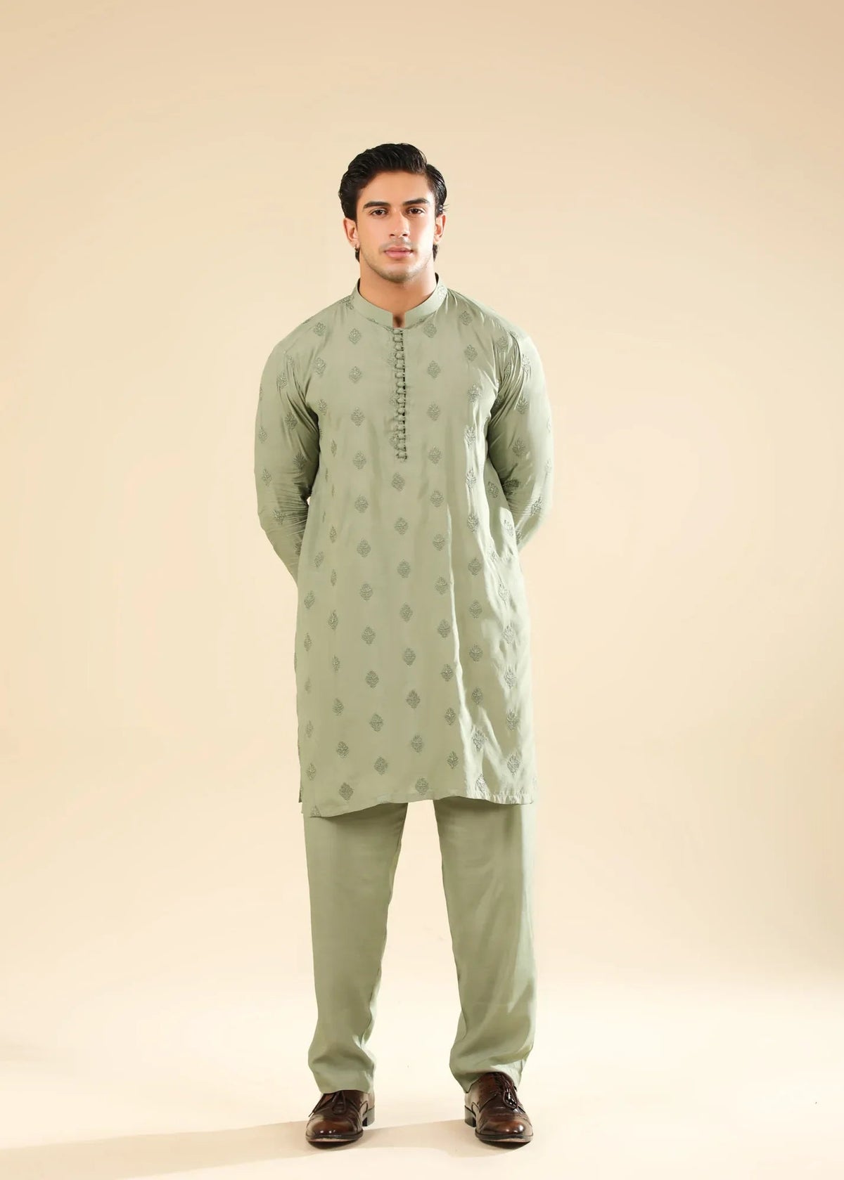 Bahaar - Mint Raw Silk Embroidered Kurta Trouser - Men