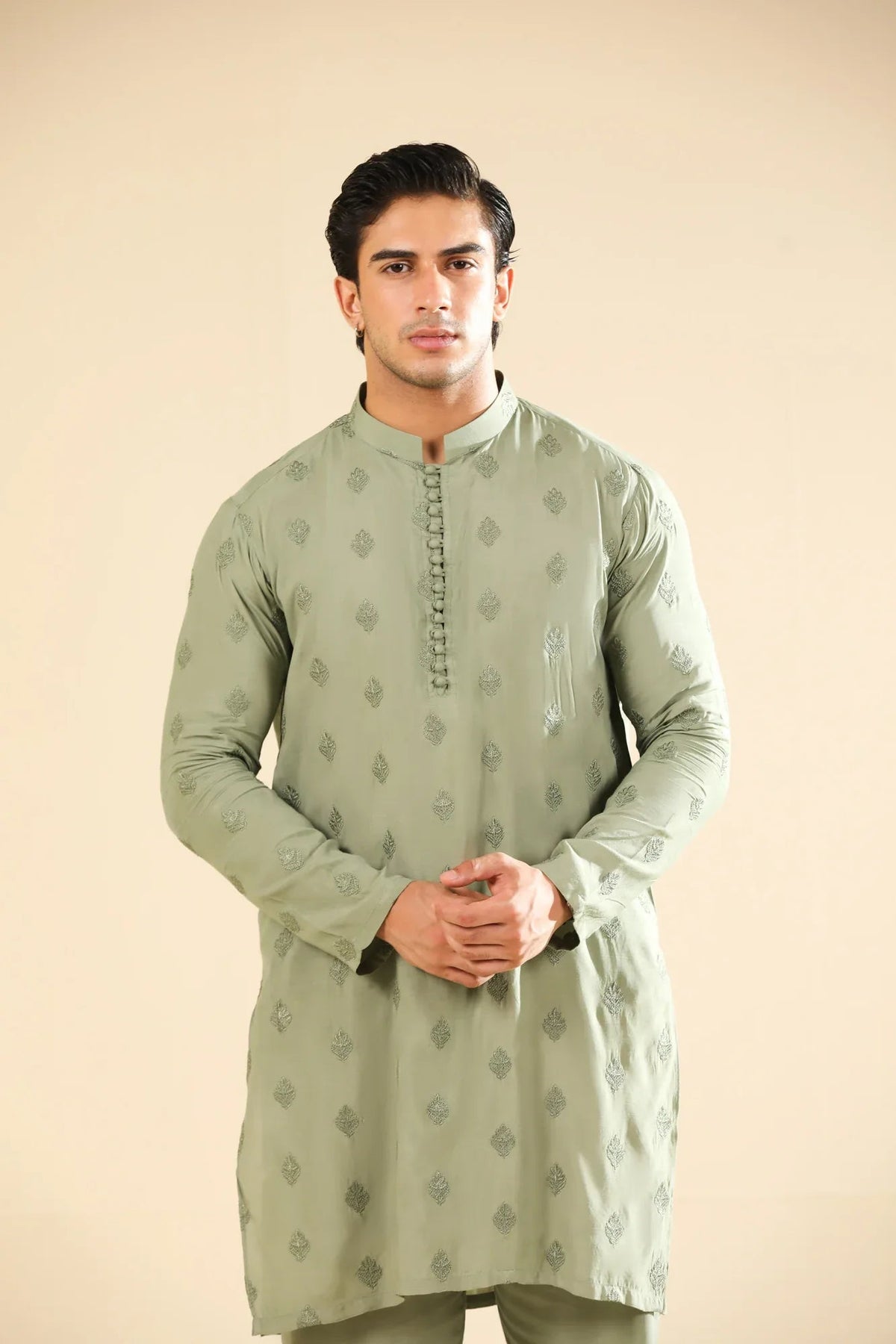 Bahaar - Mint Raw Silk Embroidered Kurta Trouser - Men