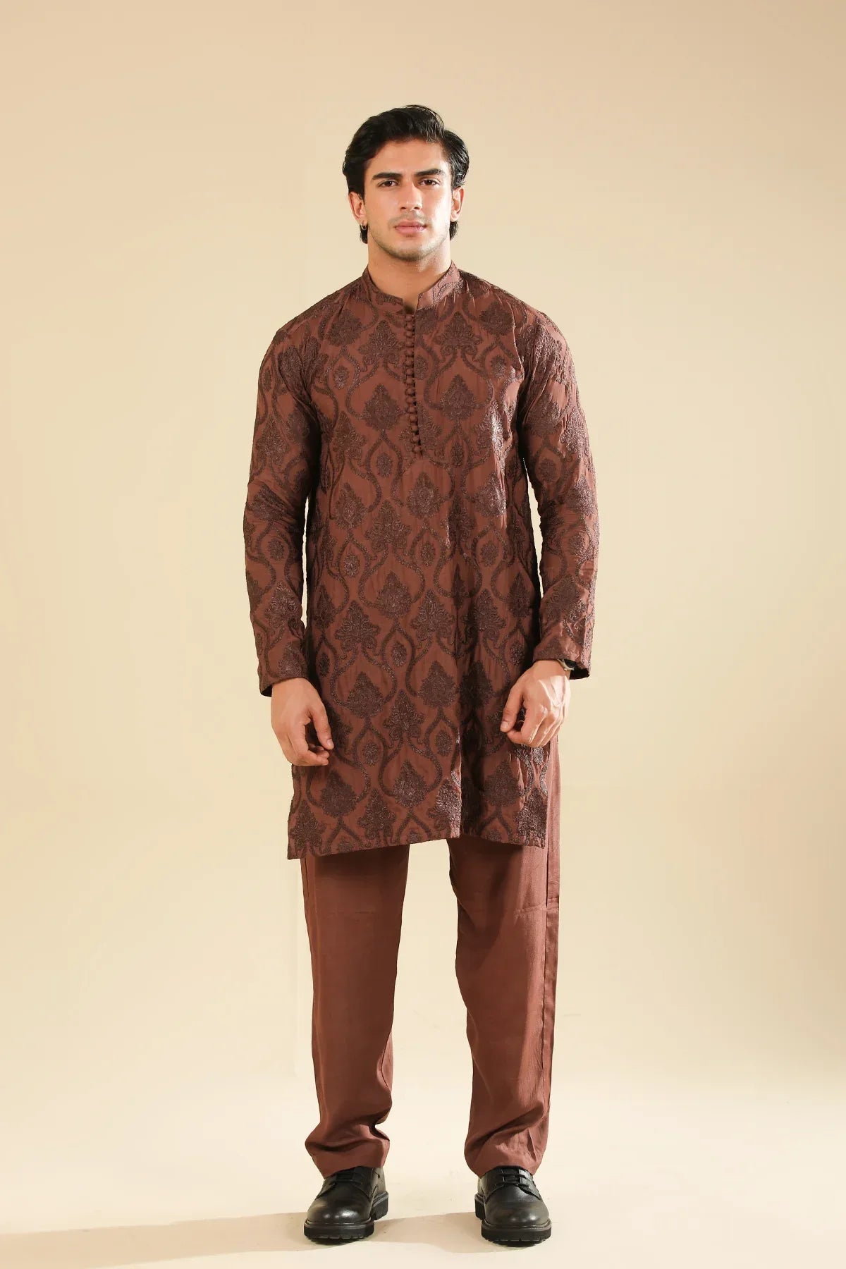 Faris - Cocoa Brown Raw Silk Embroidered Kurta Trouser - Men