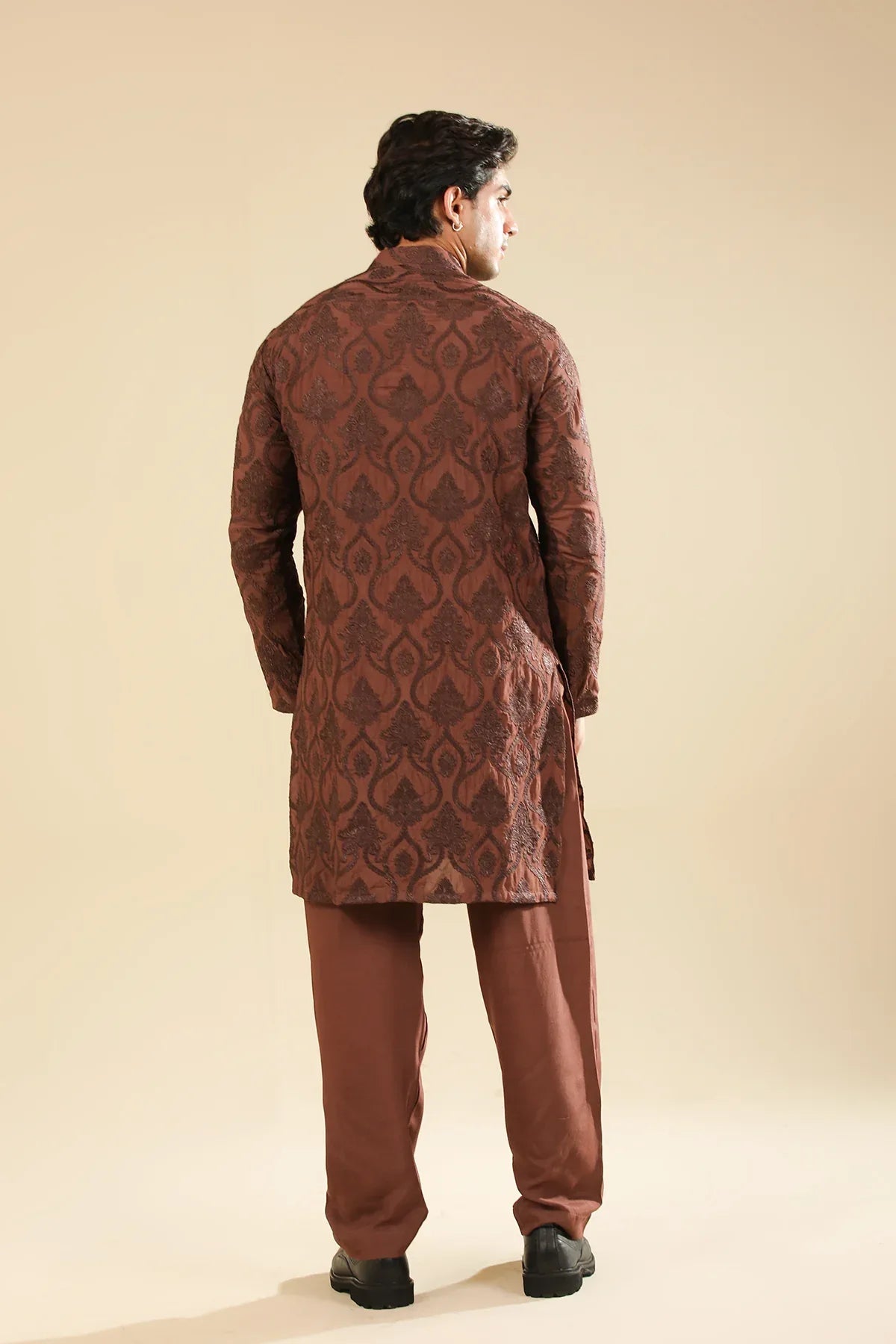 Faris - Cocoa Brown Raw Silk Embroidered Kurta Trouser - Men