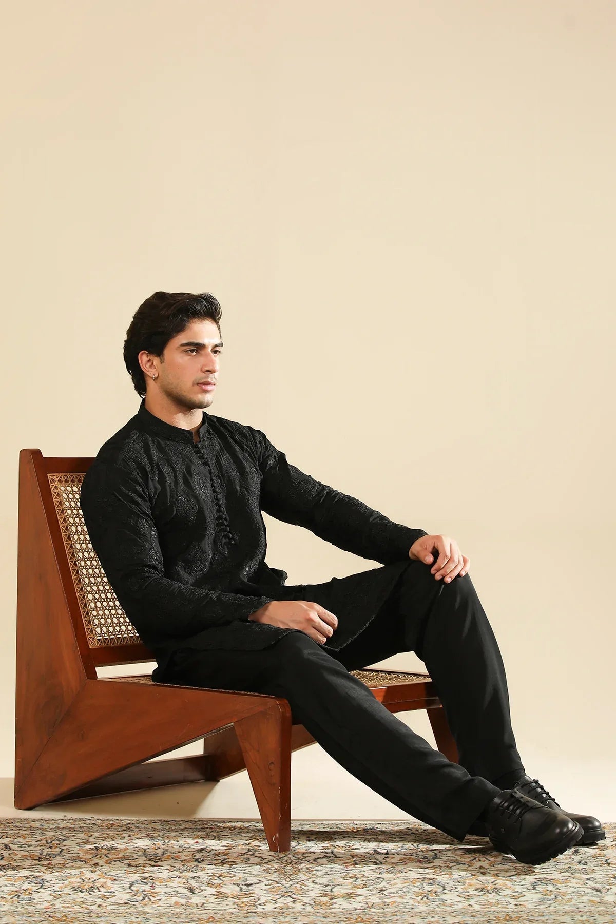 Zauq - Black Embroidered Kurta Trouser - Men