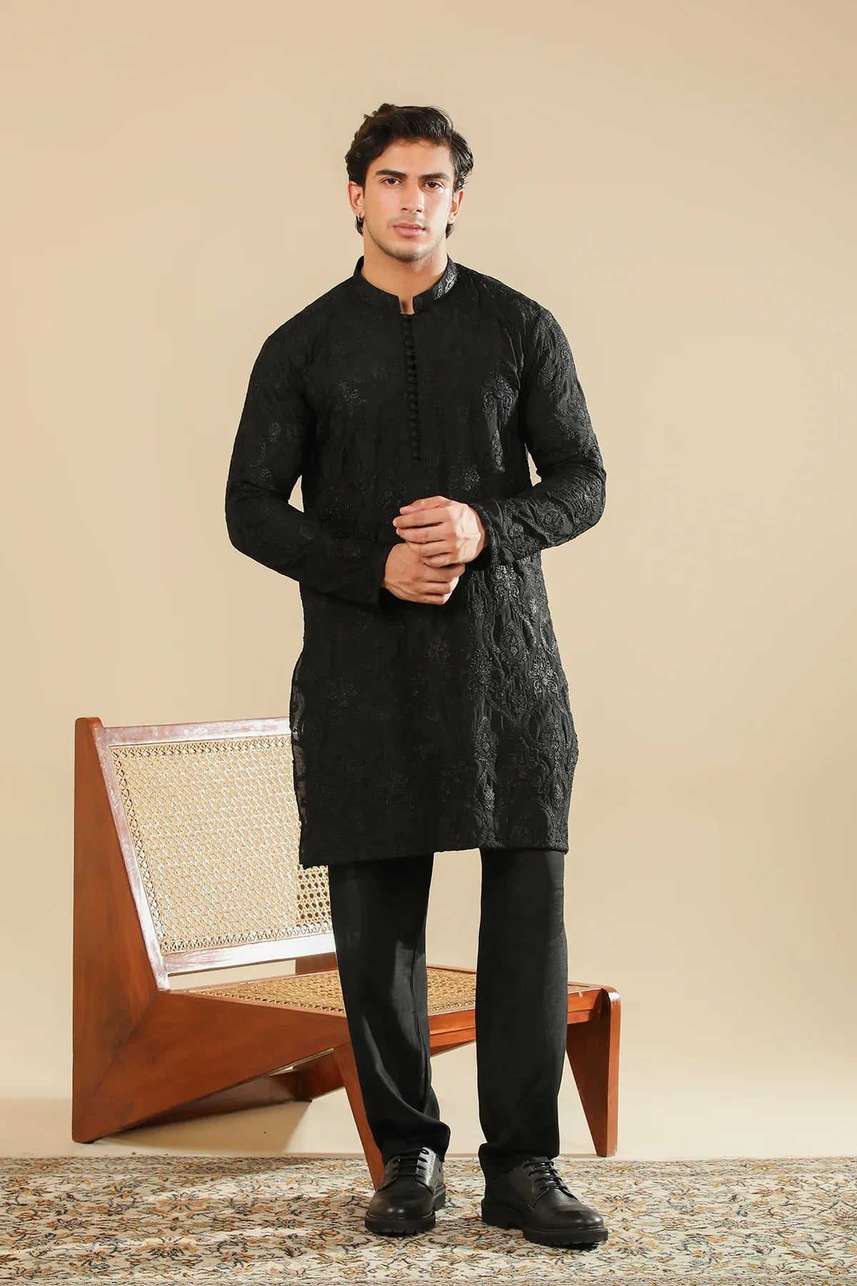 Zauq - Black Embroidered Kurta Trouser - Men