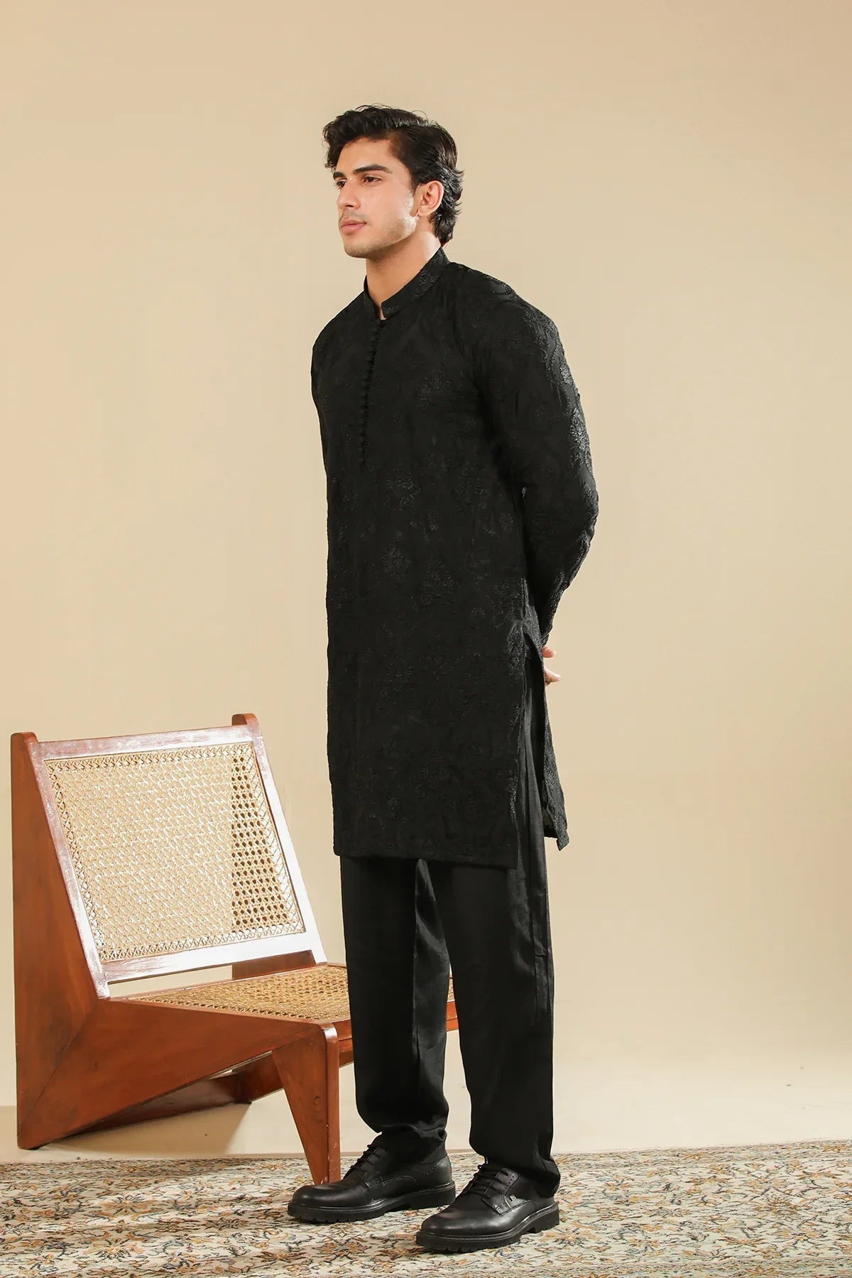 Zauq - Black Embroidered Kurta Trouser - Men