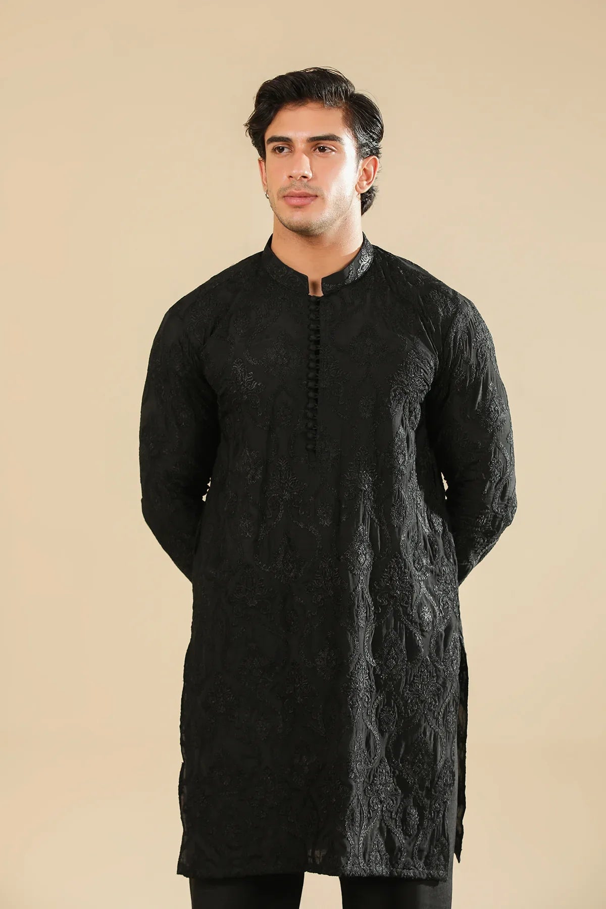 Zauq - Black Embroidered Kurta Trouser - Men
