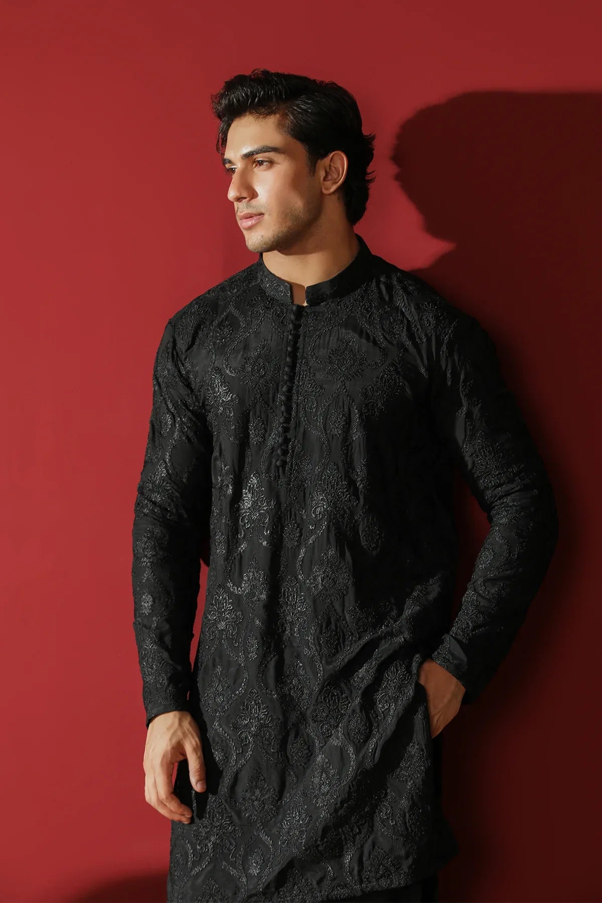 Zauq - Black Embroidered Kurta Trouser - Men