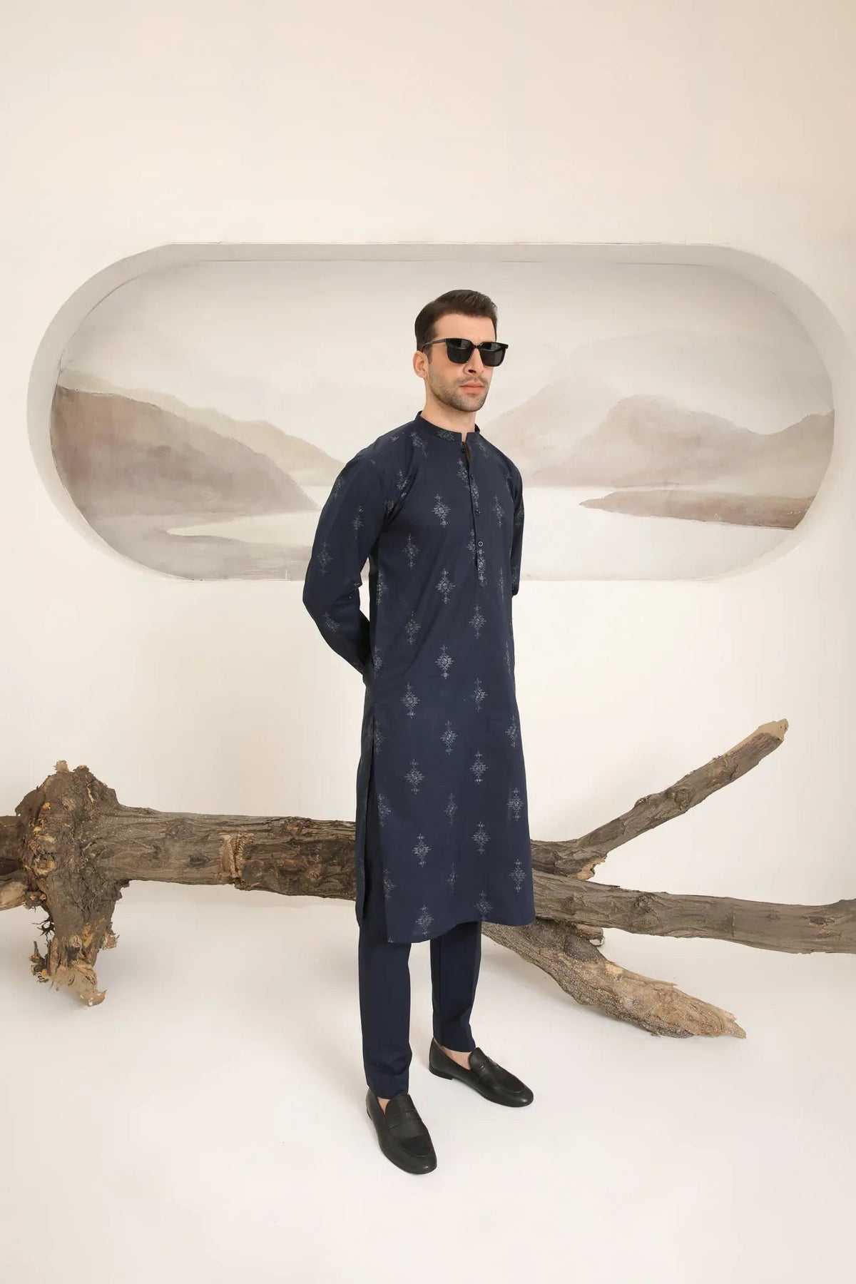 Navy Blue Cotton Embroidered Kurta Trouser - Men
