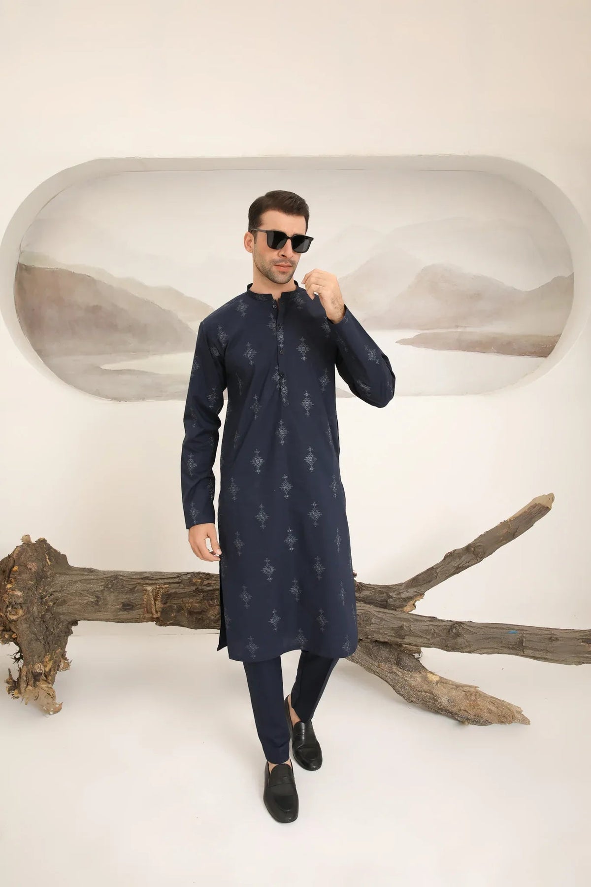 Navy Blue Cotton Embroidered Kurta Trouser - Men