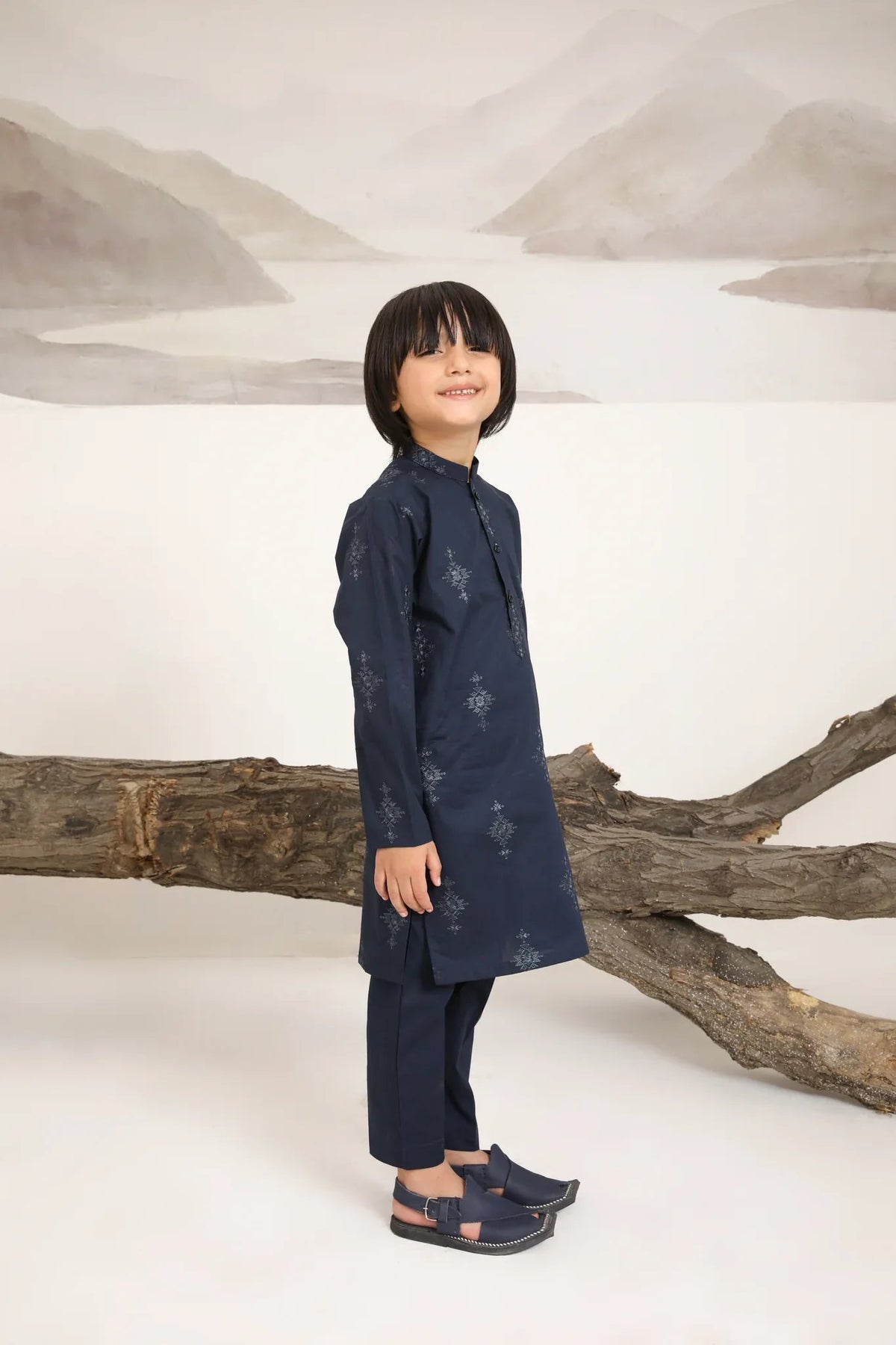 Navy Blue Cotton Embroidered Kurta Trouser - Kids