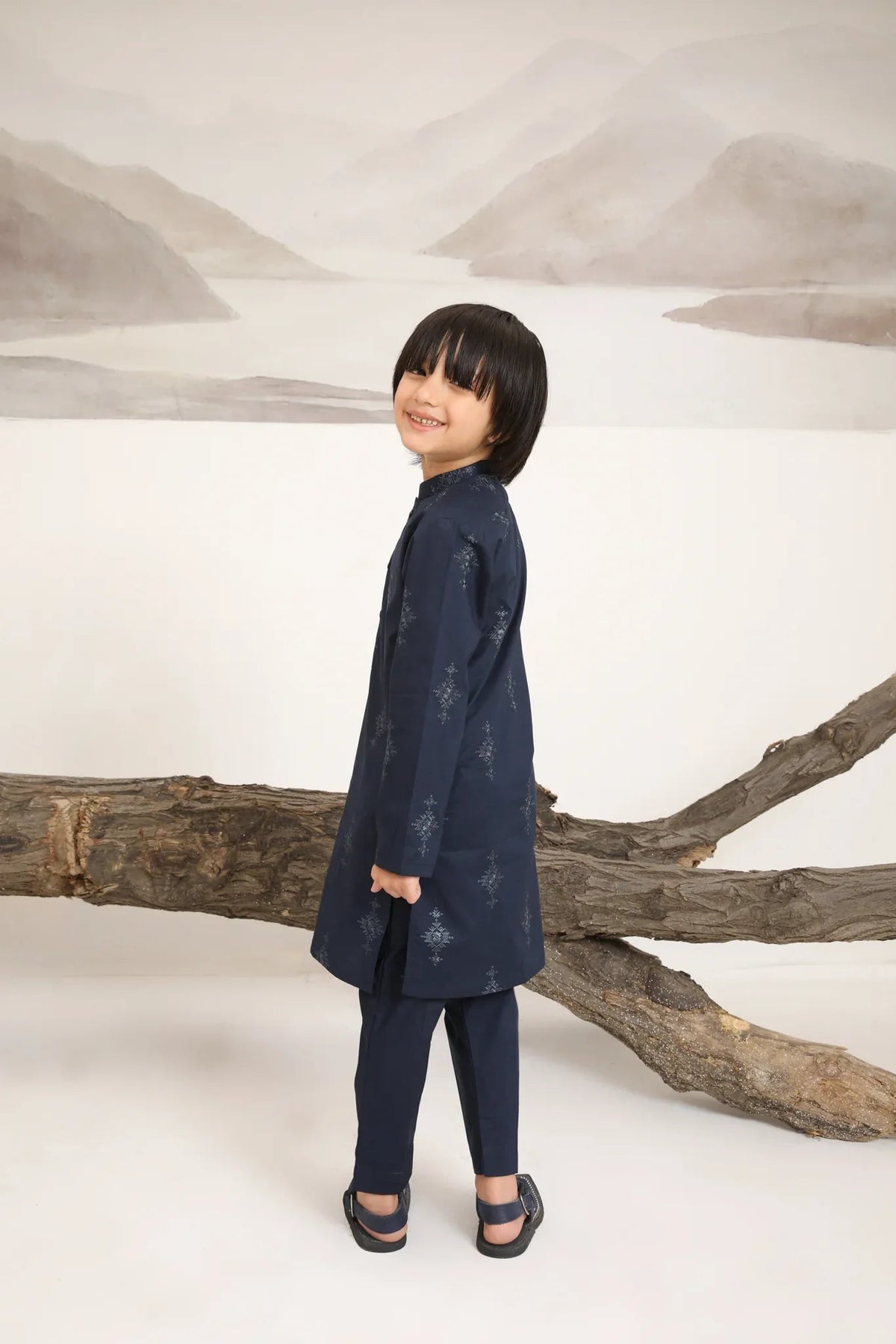 Navy Blue Cotton Embroidered Kurta Trouser - Kids