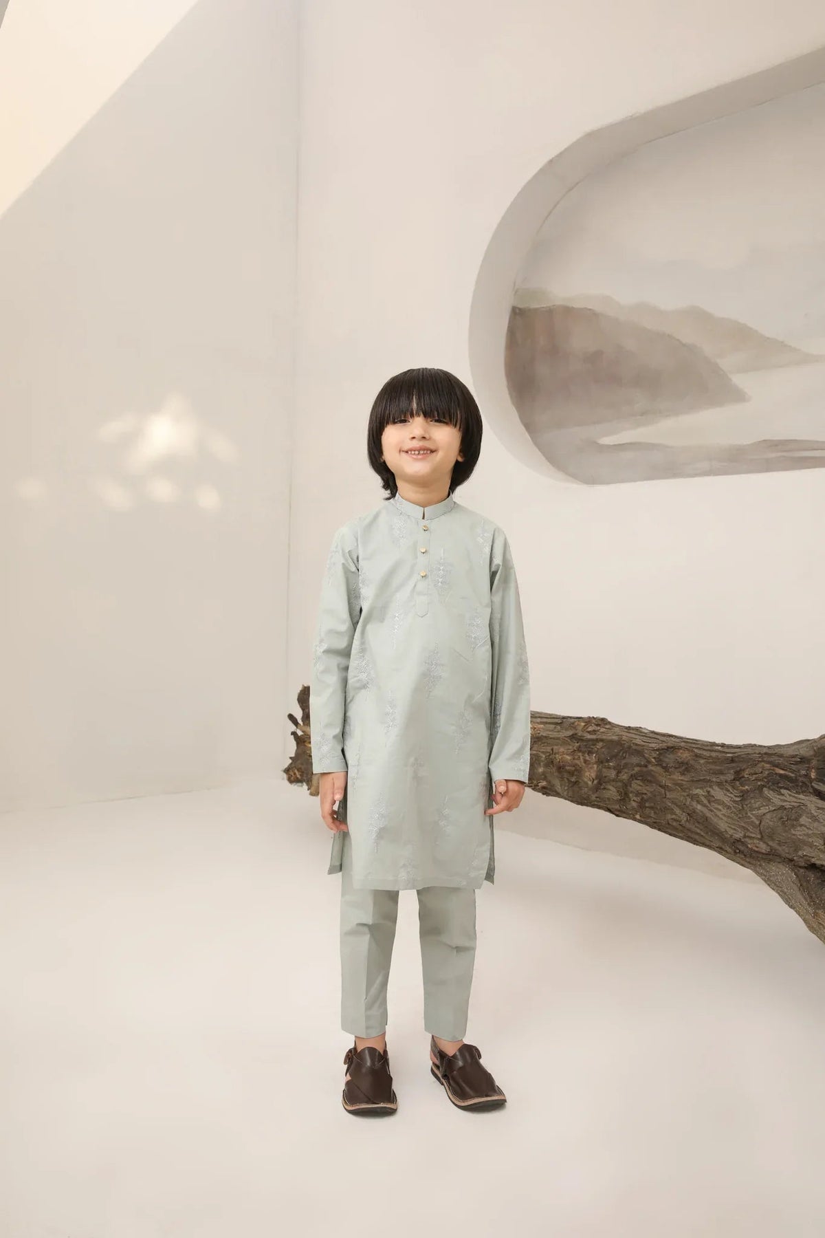 Light Mint Cotton Embroidered Kurta Trouser - Kids