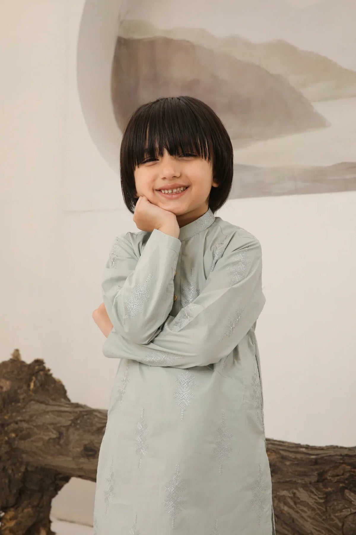 Light Mint Cotton Embroidered Kurta Trouser - Kids