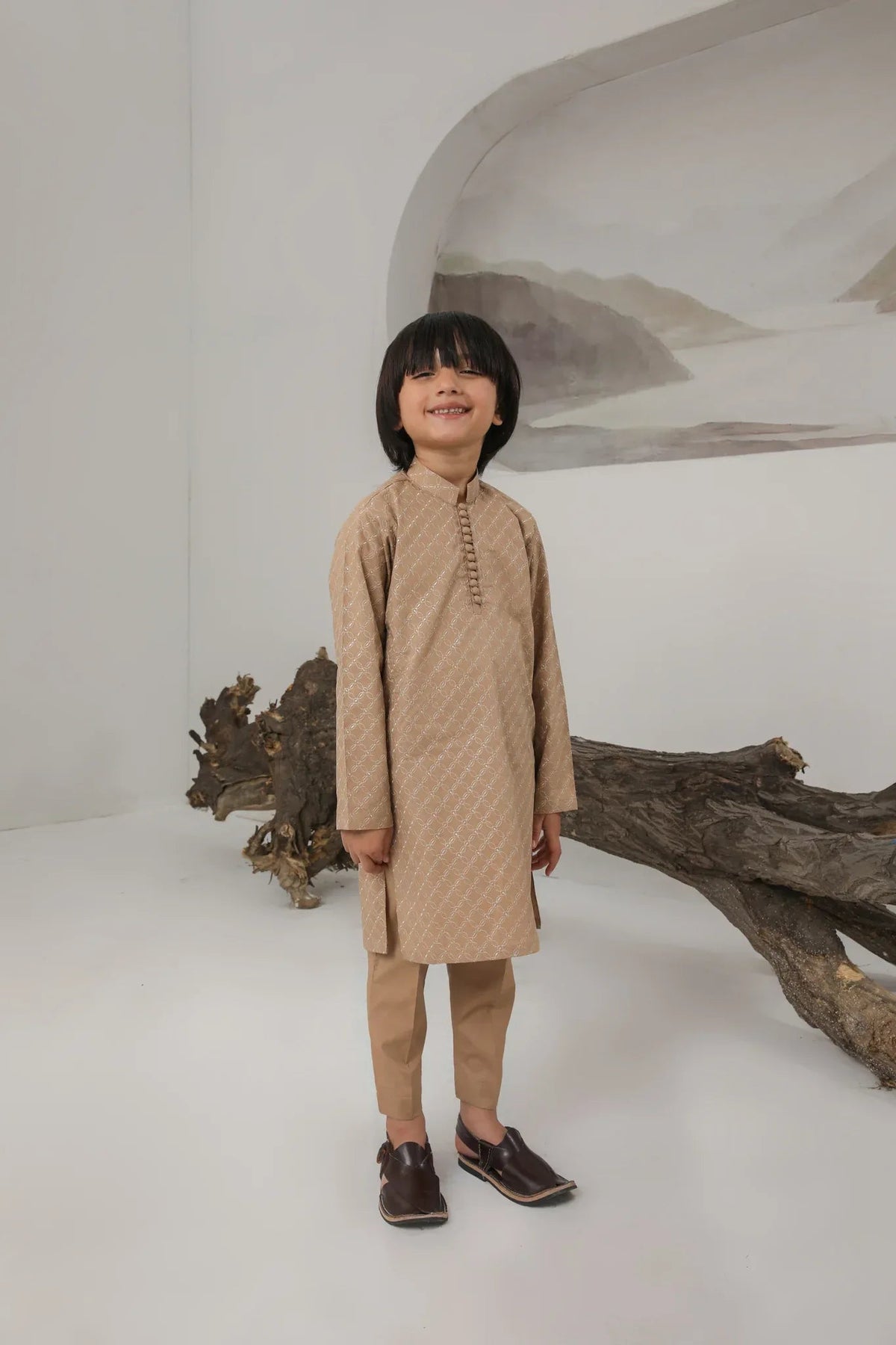 Camel Cotton Embroidered Kurta Trouser - Kids