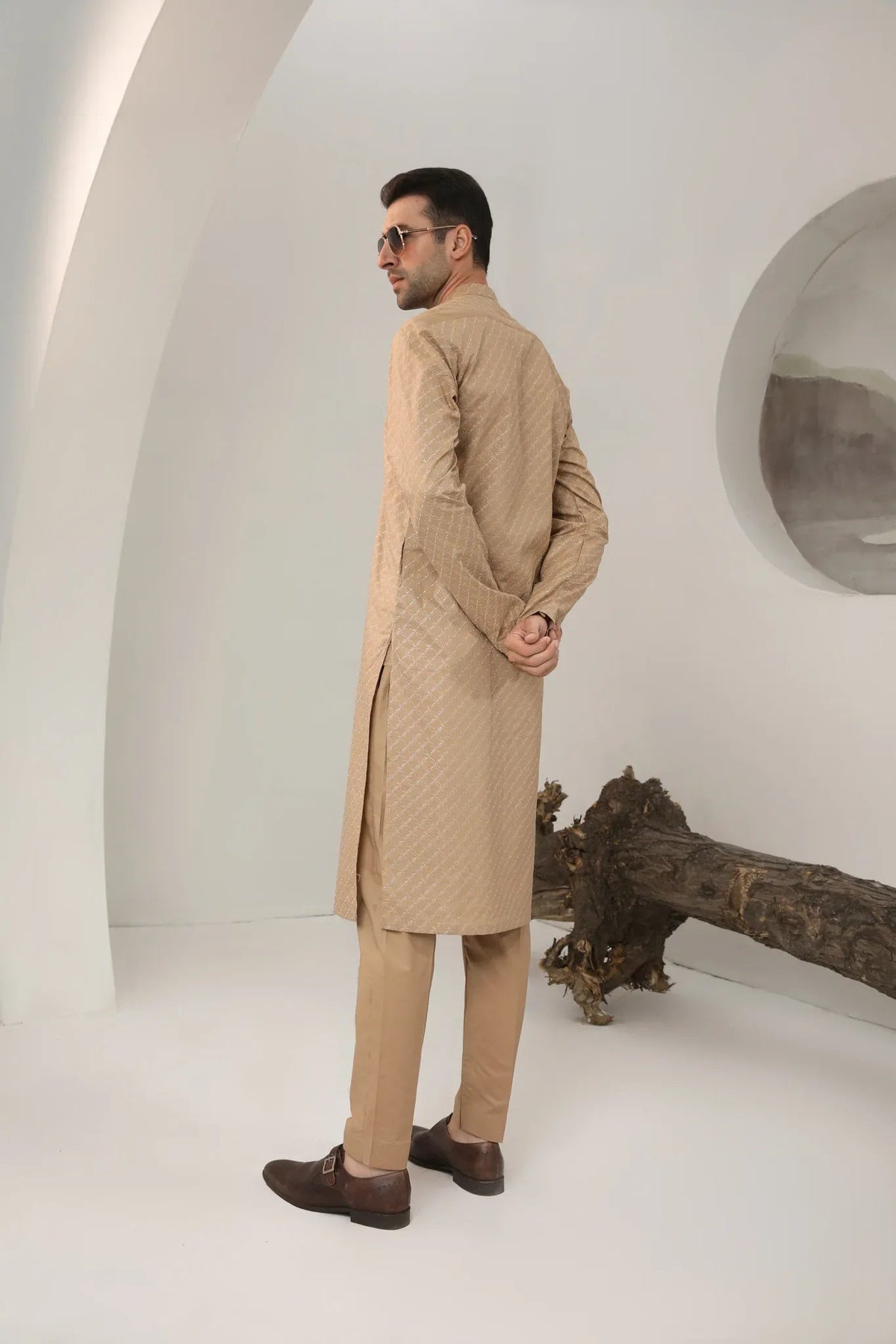 Camel Cotton Embroidered Kurta Trouser - Men