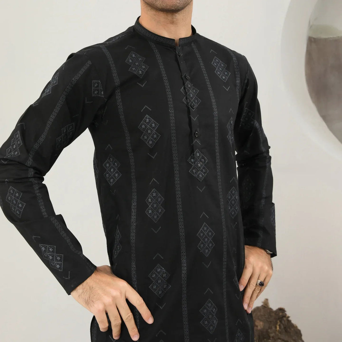 Black Motif Cotton Embroidered Kurta Trouser - Men