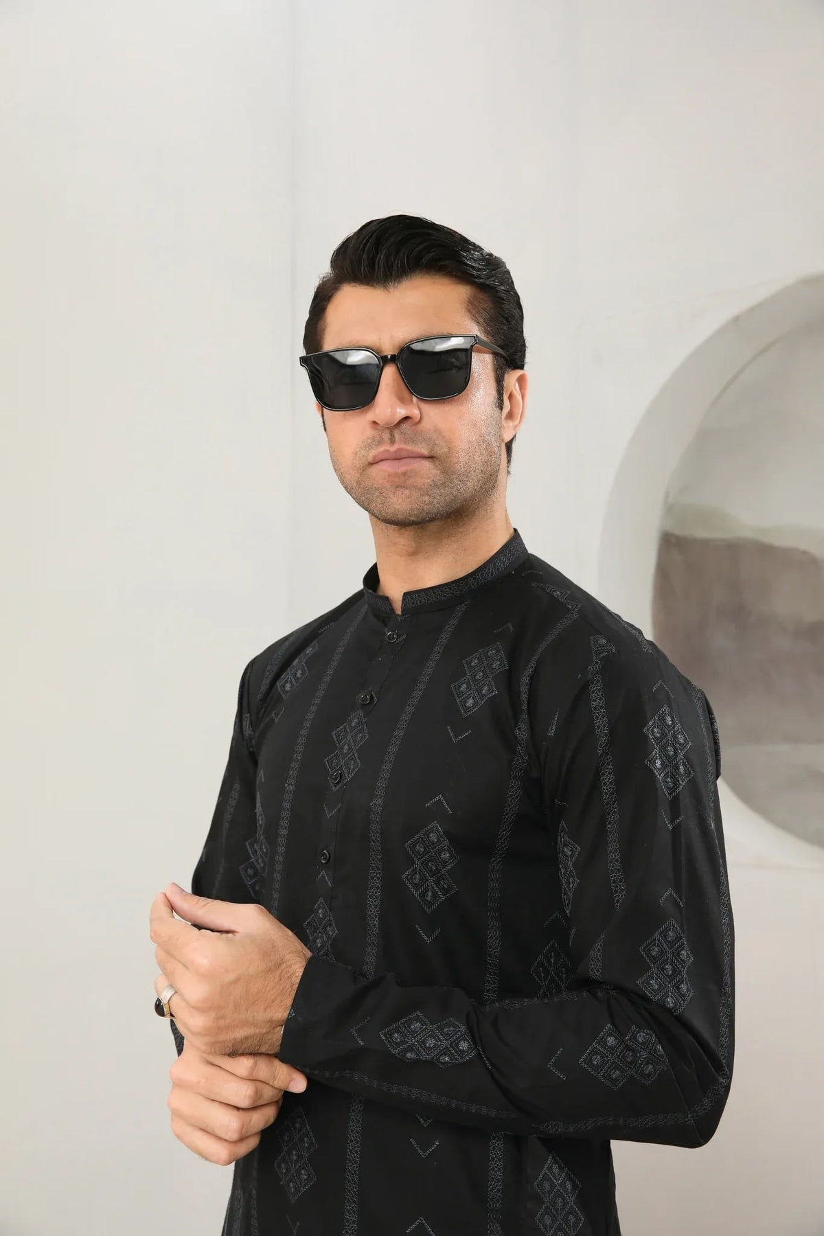 Black Motif Cotton Embroidered Kurta Trouser - Men