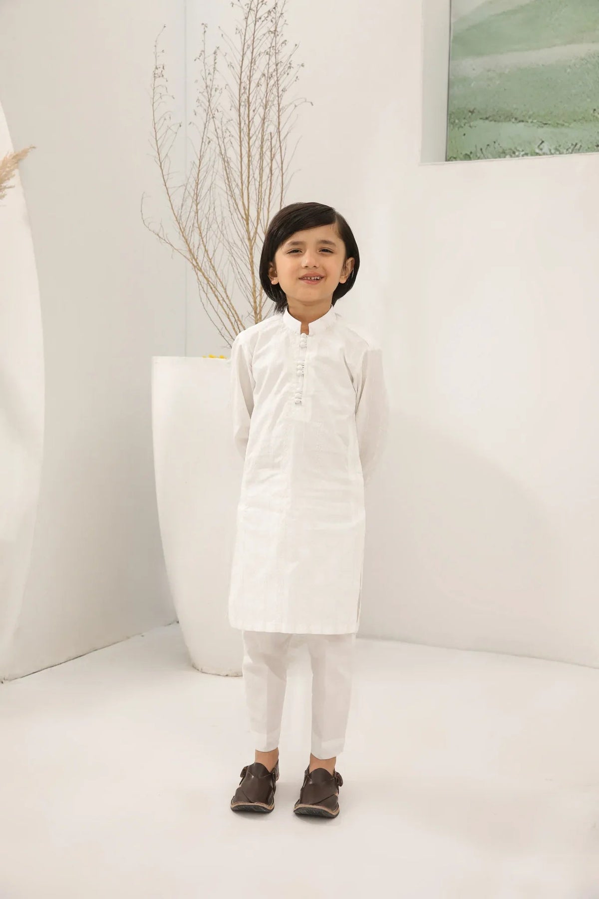 Off White Cotton Embroidered Kurta Trouser - Loop Buttons - Kids