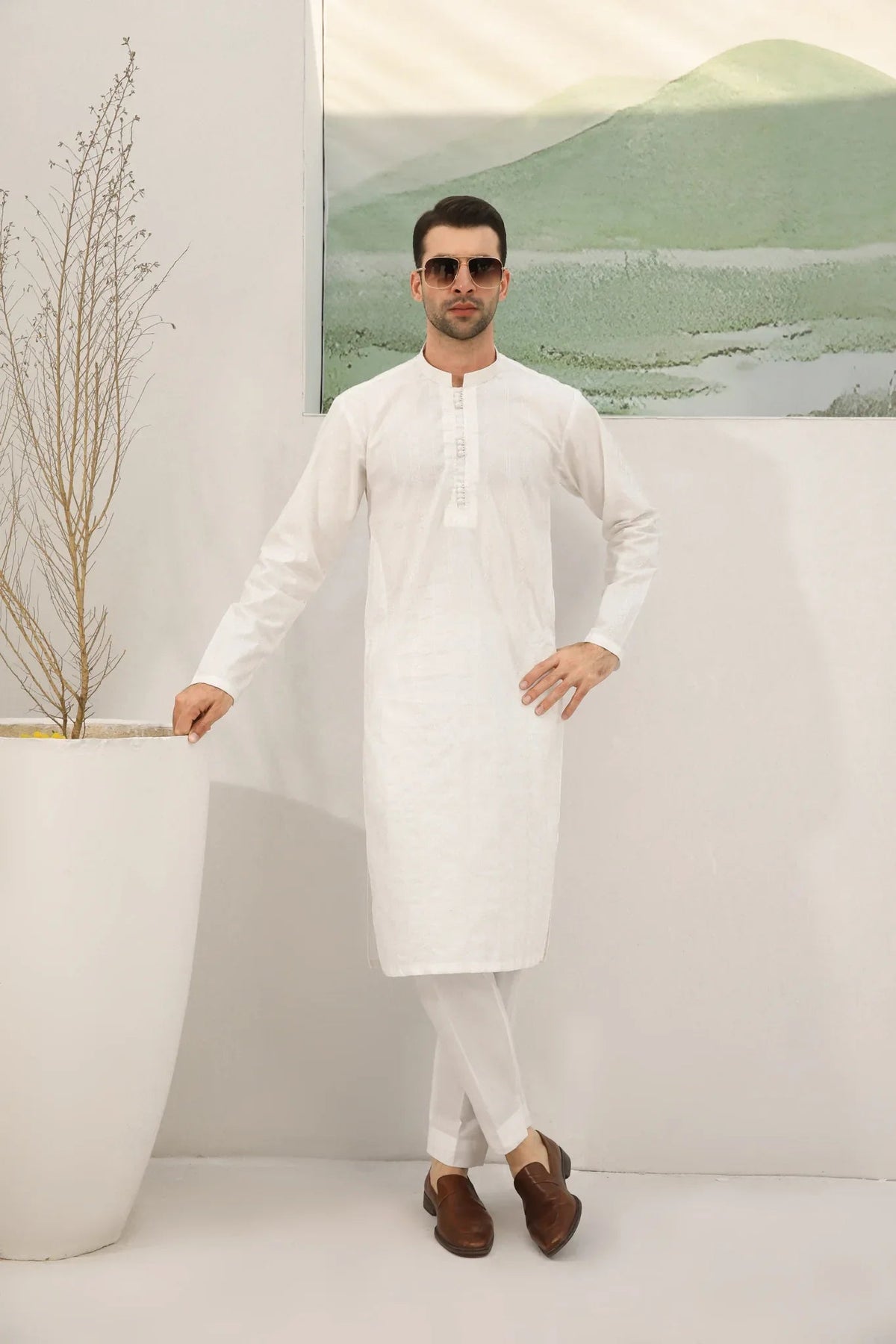 Off White Cotton Embroidered Kurta Trouser - Loop Buttons - Men