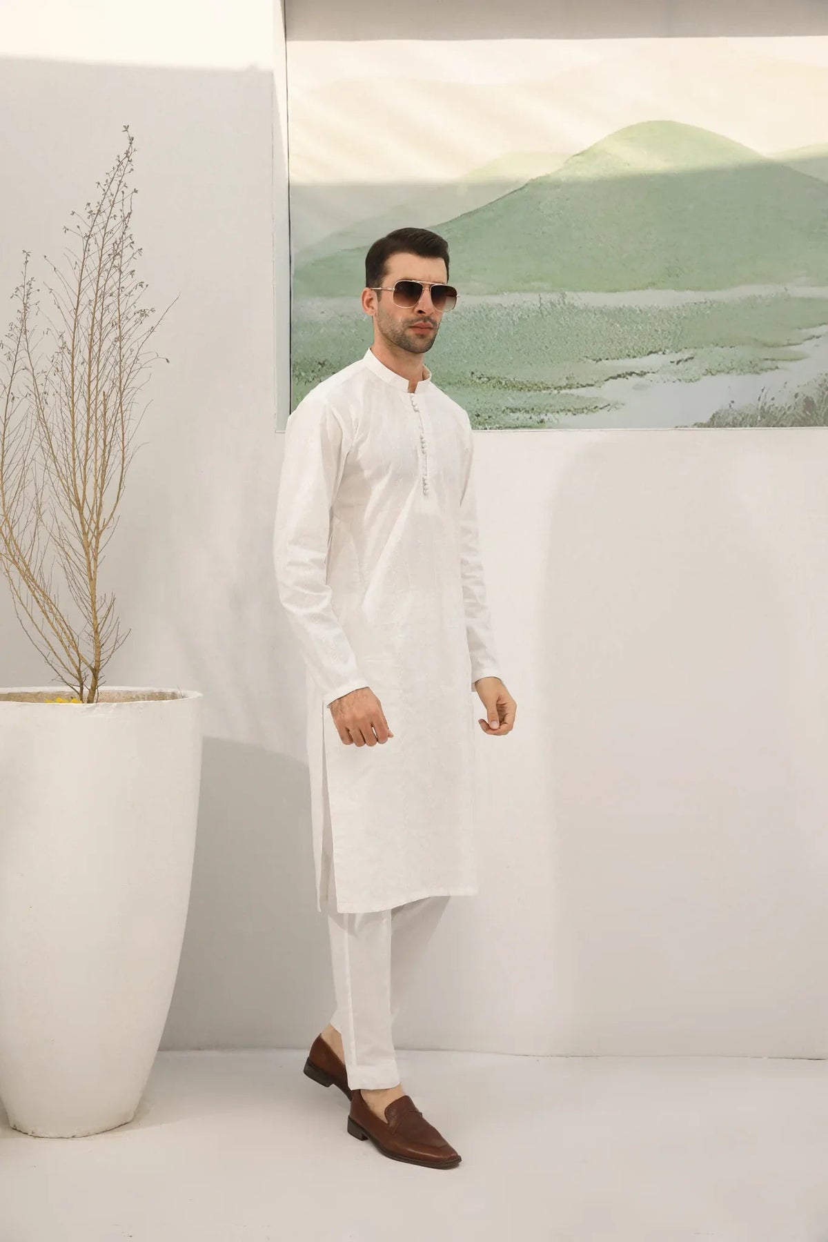 Off White Cotton Embroidered Kurta Trouser - Loop Buttons - Men