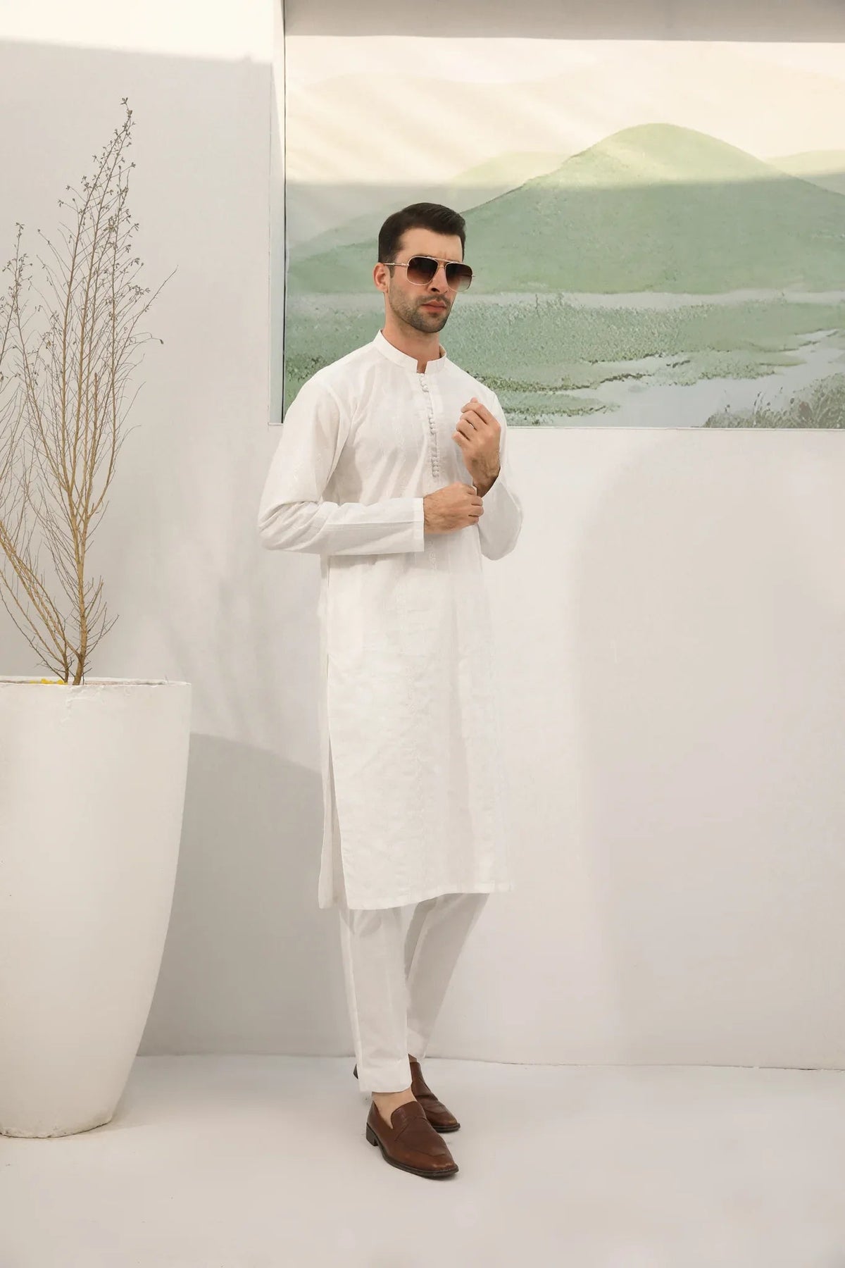 Off White Cotton Embroidered Kurta Trouser - Loop Buttons - Men
